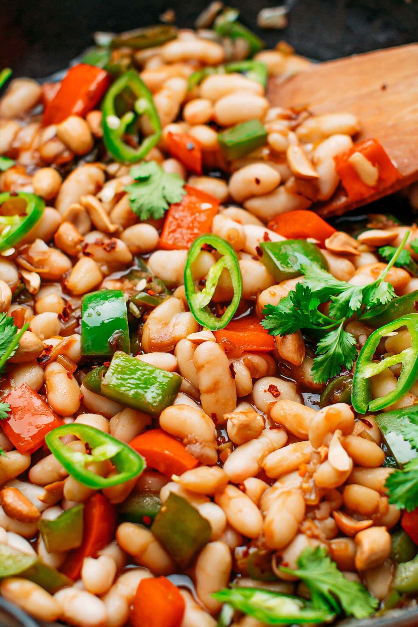 Close-up of Kung Pao white beans.