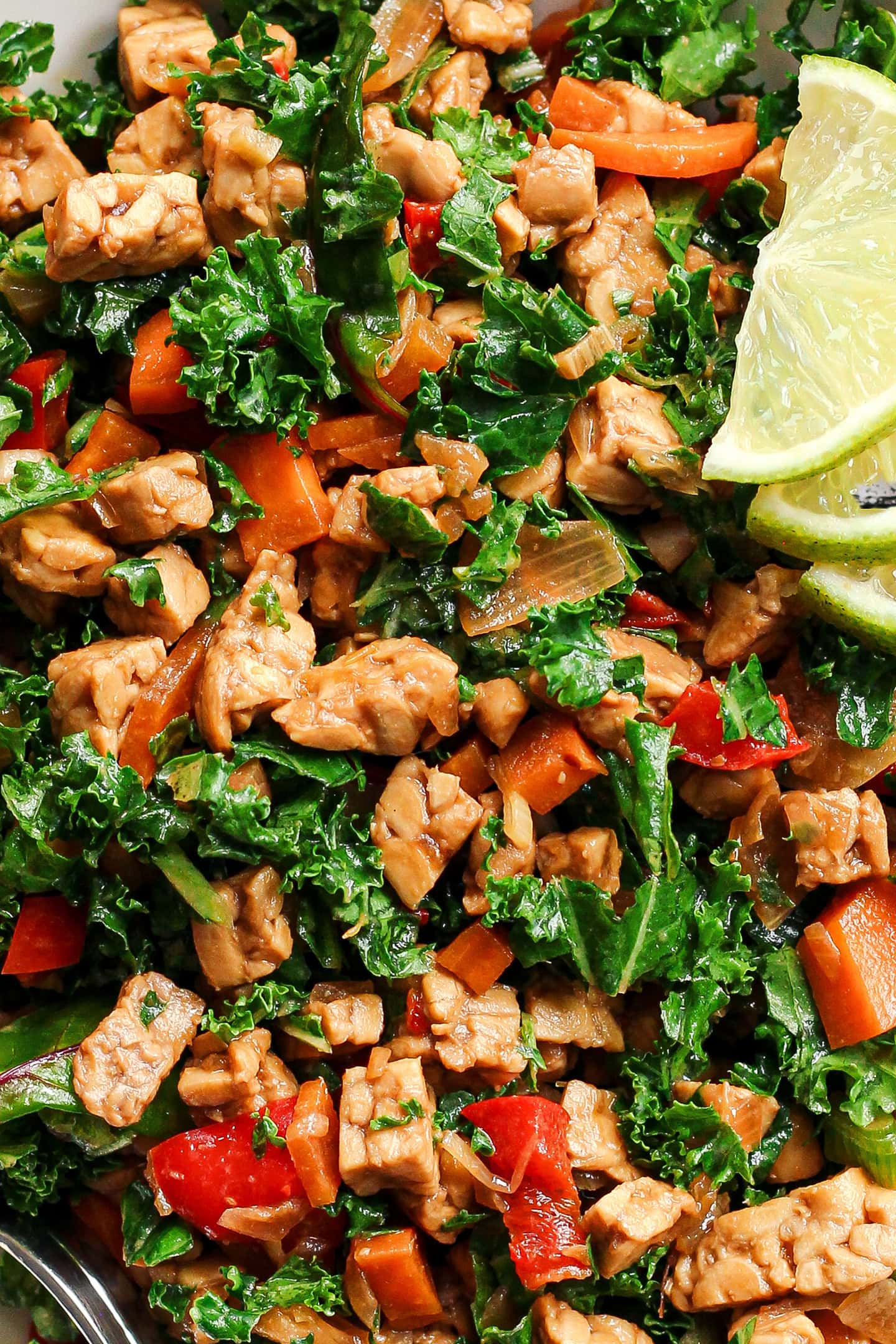 Close-up of a salad featuring diced tempeh, kale, and carrots.