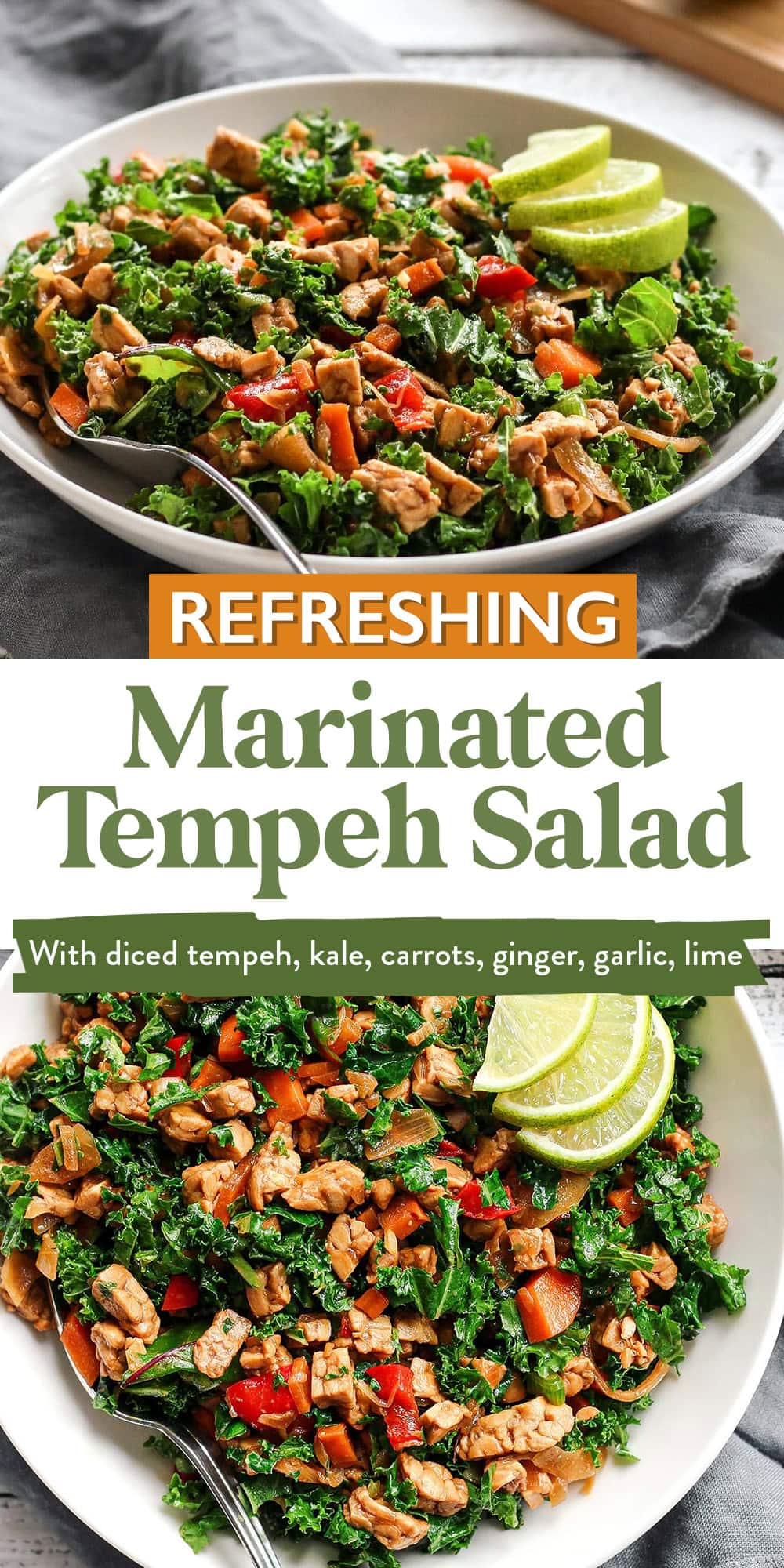 This easy marinated tempeh salad features diced tempeh, kale, and carrots infused with ginger, garlic, and a generous squeeze of lime juice for more freshness. A healthy, protein-rich salad that comes together in 25 minutes!