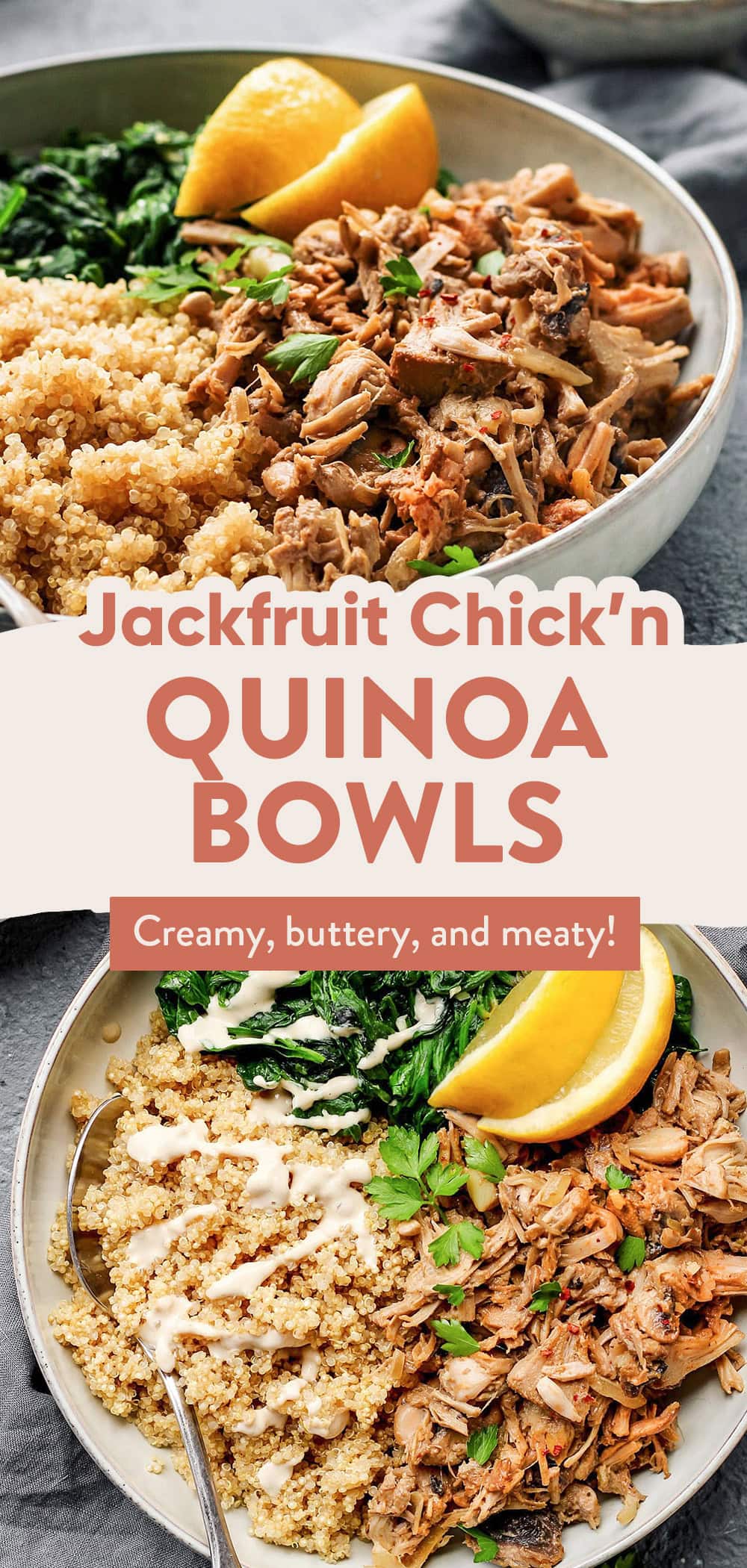 This jackfruit chicken recipe features young green jackfruit cooked in a rich and buttery cashew butter sauce. It's seasoned with cumin and smoked paprika and served alongside sautéed spinach and quinoa. #jackfruit