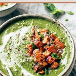 Curried Spinach Soup with Cashew Tempeh