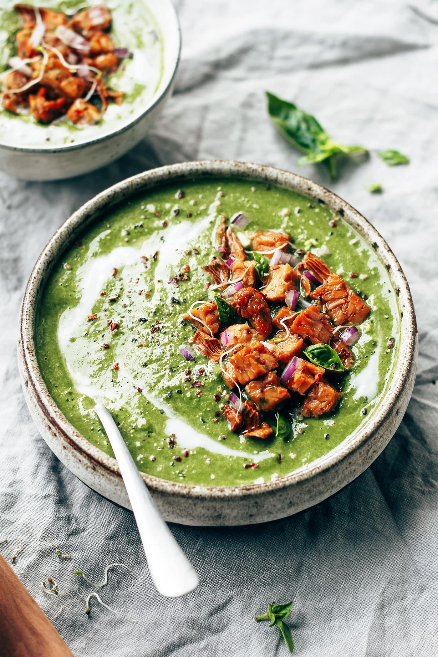 Curried Spinach Soup with Cashew Tempeh