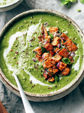 Curried Spinach Soup with Cashew Tempeh