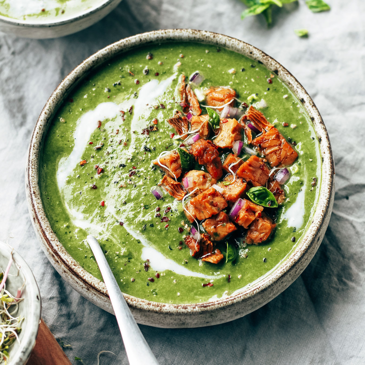 Curried Spinach Soup with Cashew Tempeh