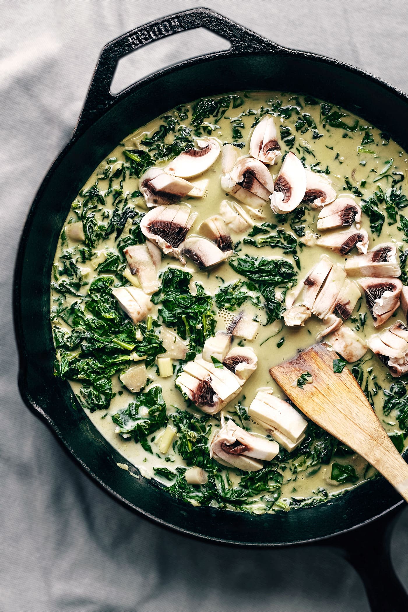 Curried Spinach Soup with Cashew Tempeh