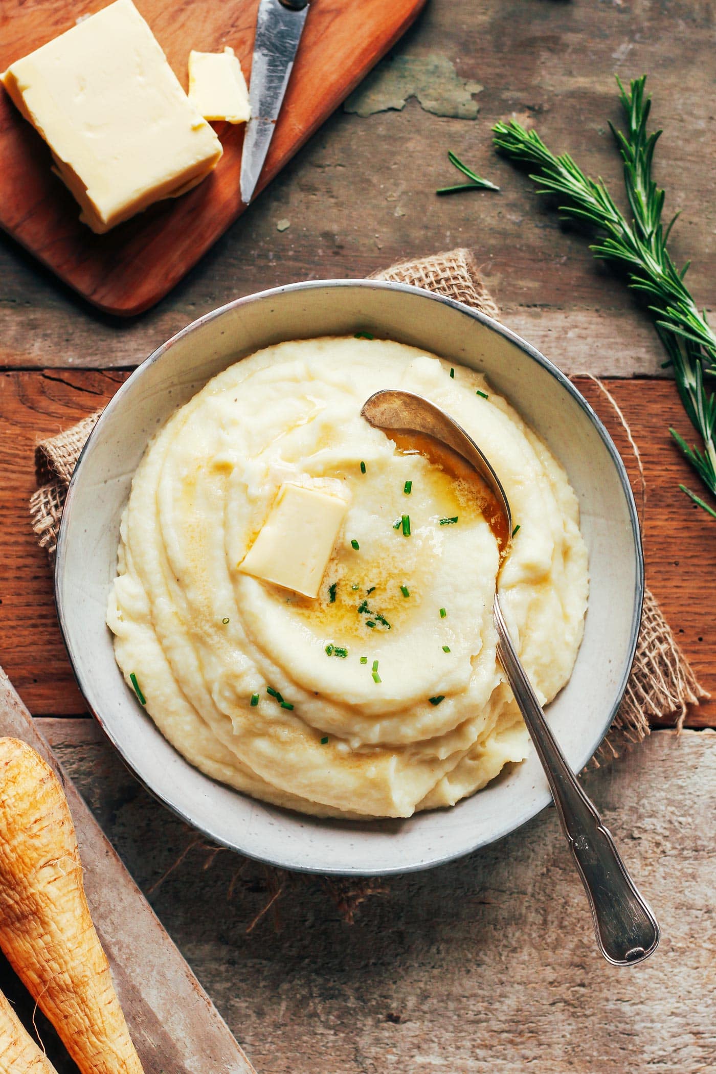 Mashed Cauliflower & Parsnips with Garlic Butter Mushrooms