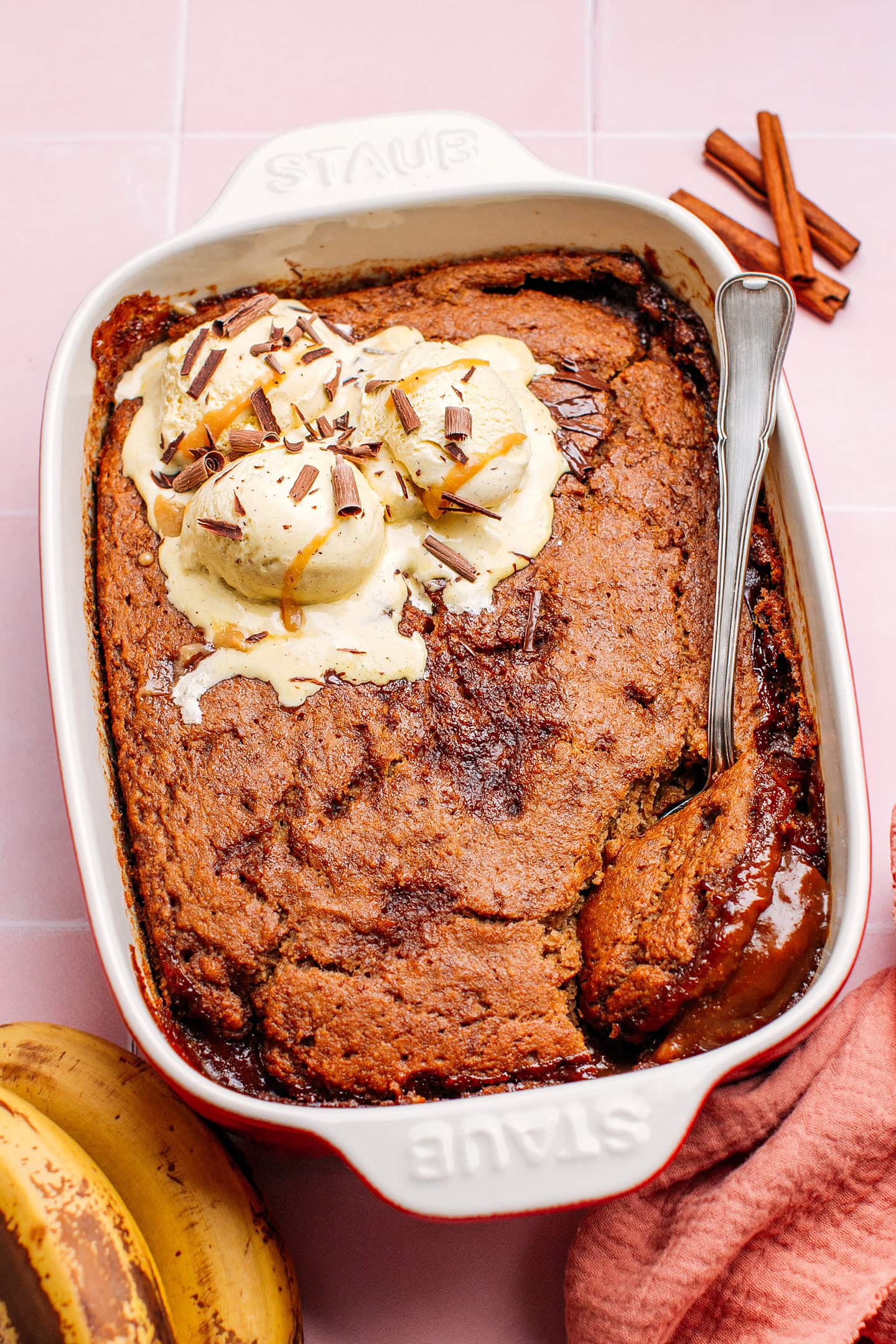 Self-saucing banana cake in a baking dish.