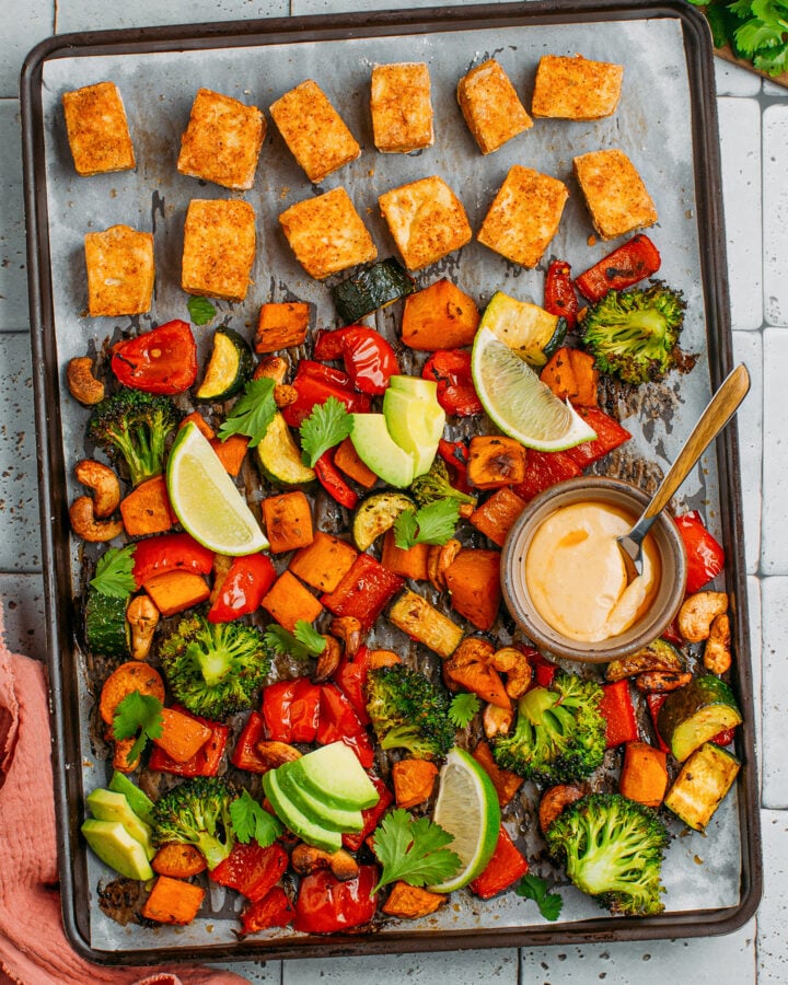 Sheet Pan Crispy Tofu with Thai Hummus