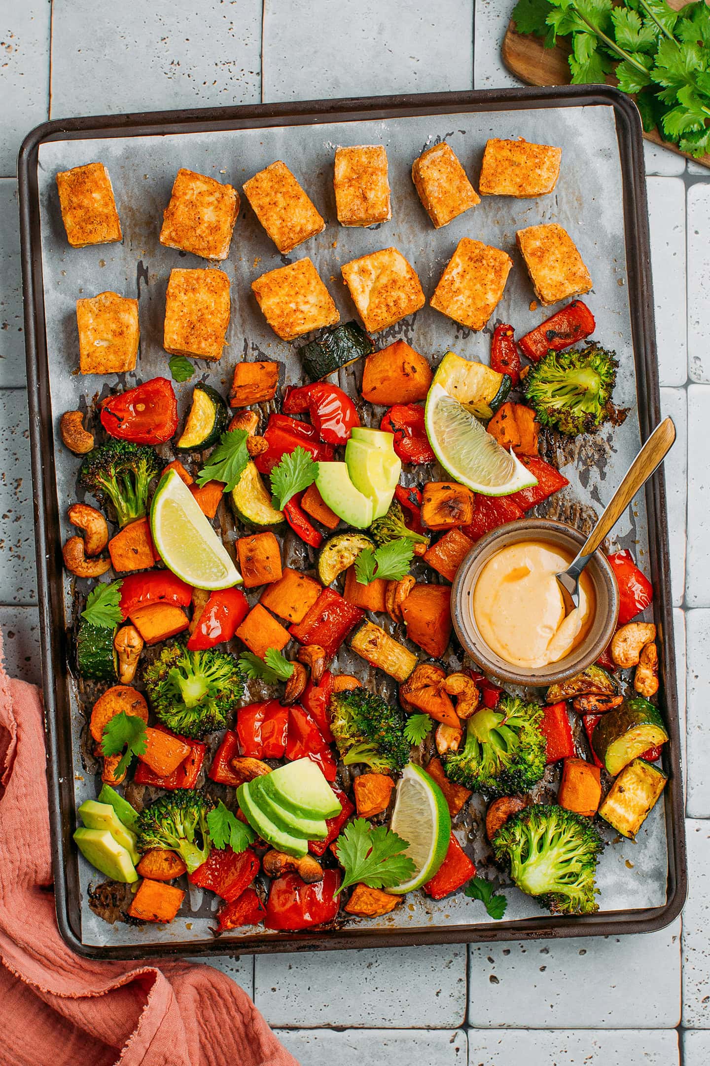 Sheet Pan Crispy Tofu with Thai Hummus