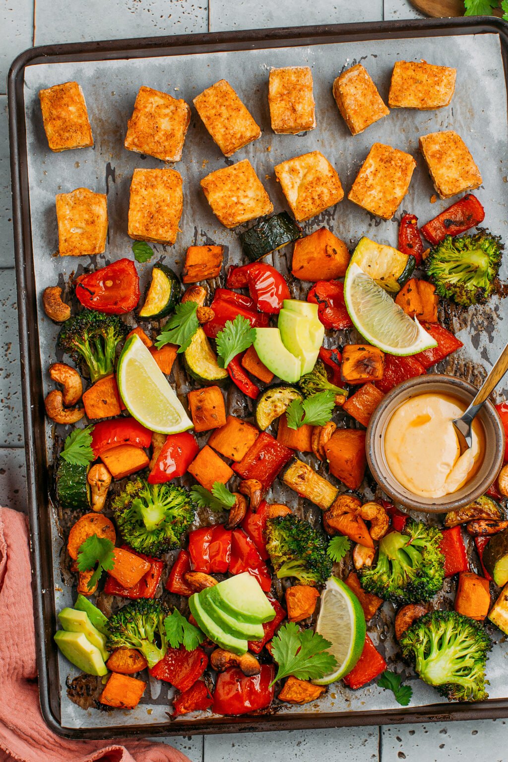 Crispy Tofu Veggie Sheet Pan with Thai Hummus - Full of Plants