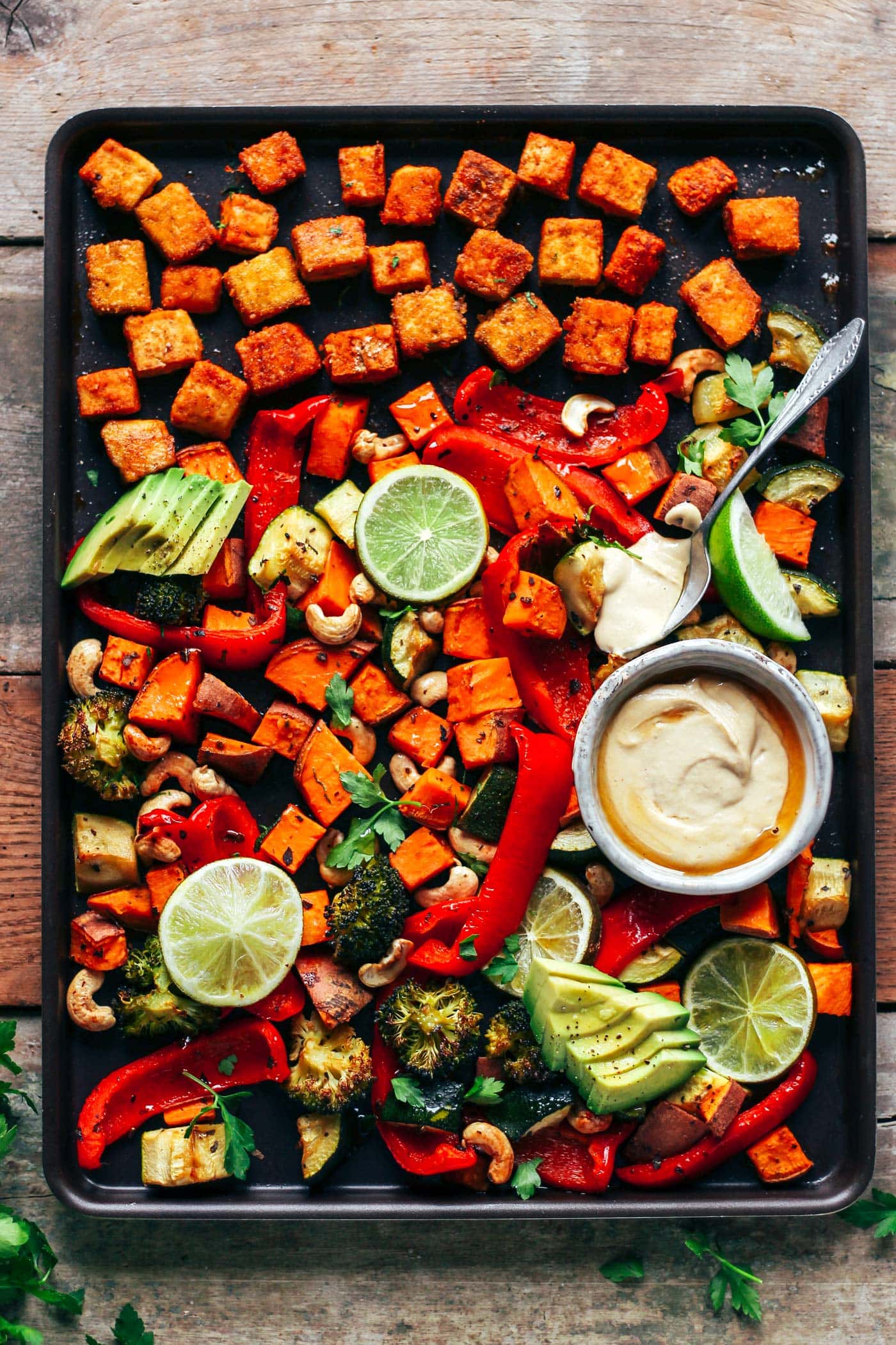 Sheet Pan Crispy Tofu with Thai Hummus