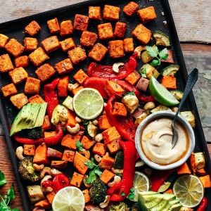 Crispy Tofu Veggie Sheet Pan with Thai Hummus