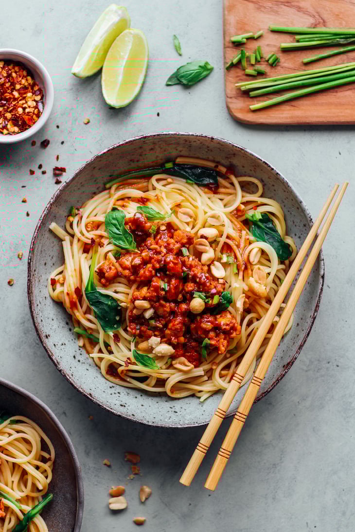 Noodles topped with tempeh scramble and Sichuan sauce.