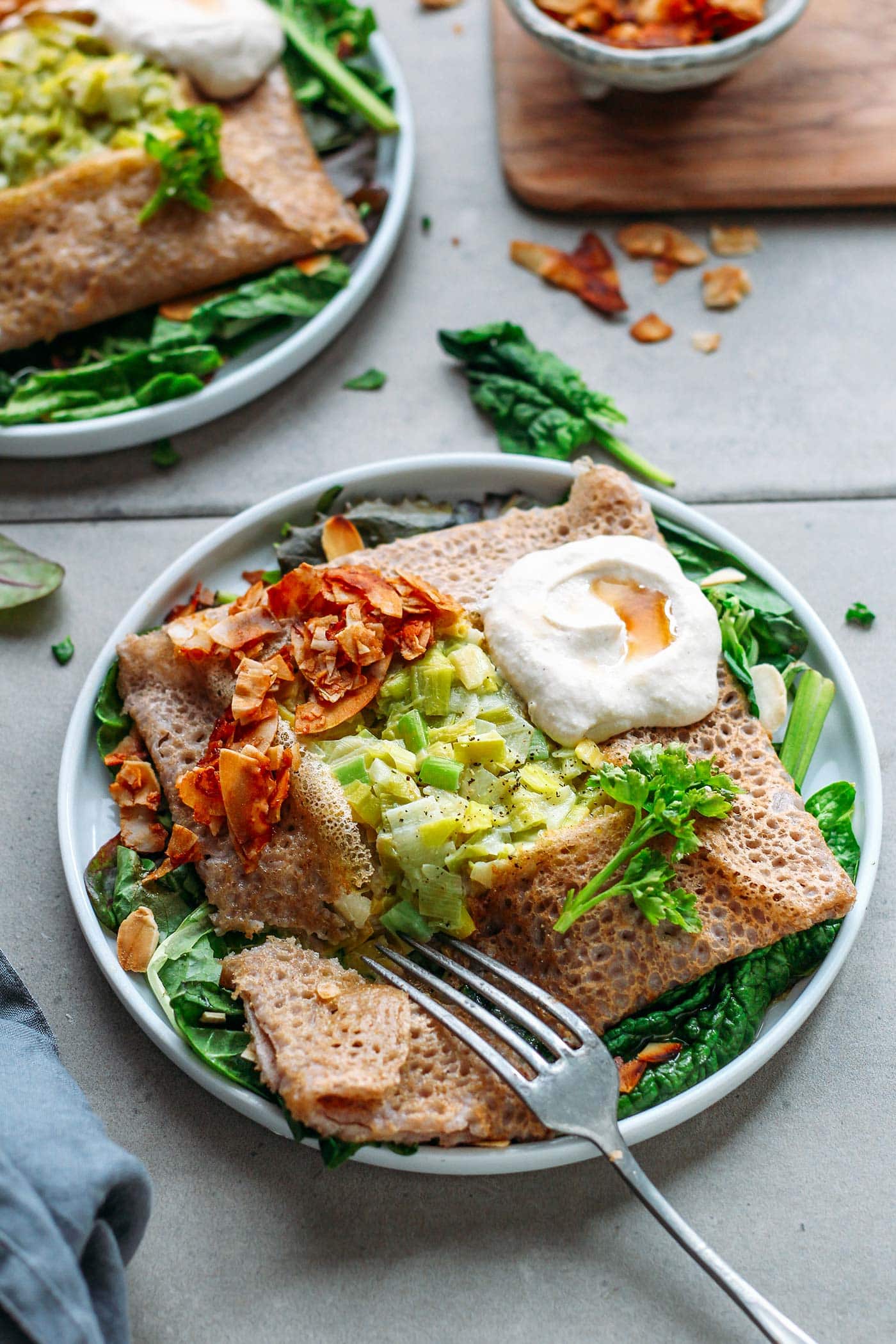Savory Buckwheat Crepes with Leek Fondue & Coconut Bacon