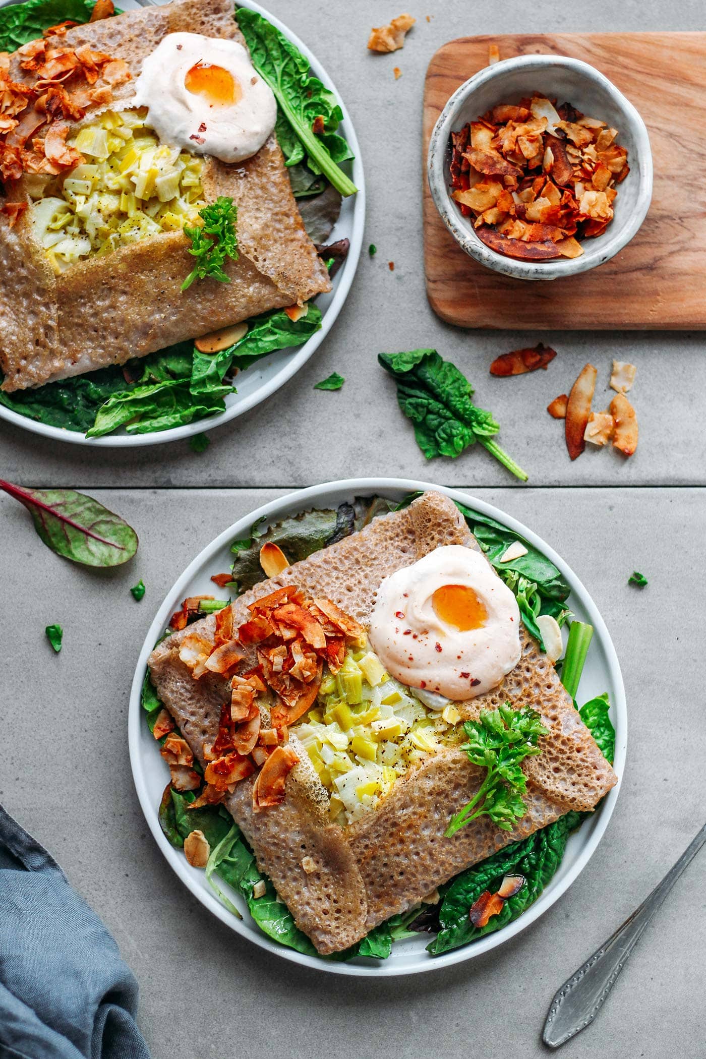 Savory Buckwheat Crepes with Leek Fondue & Coconut Bacon #vegan #plantbased #glutenfree #crepes
