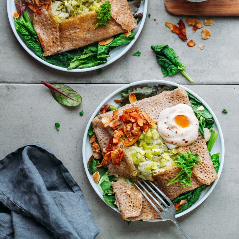 Savory Buckwheat Crepes with Leek Fondue & Coconut Bacon #vegan #plantbased #glutenfree #crepes