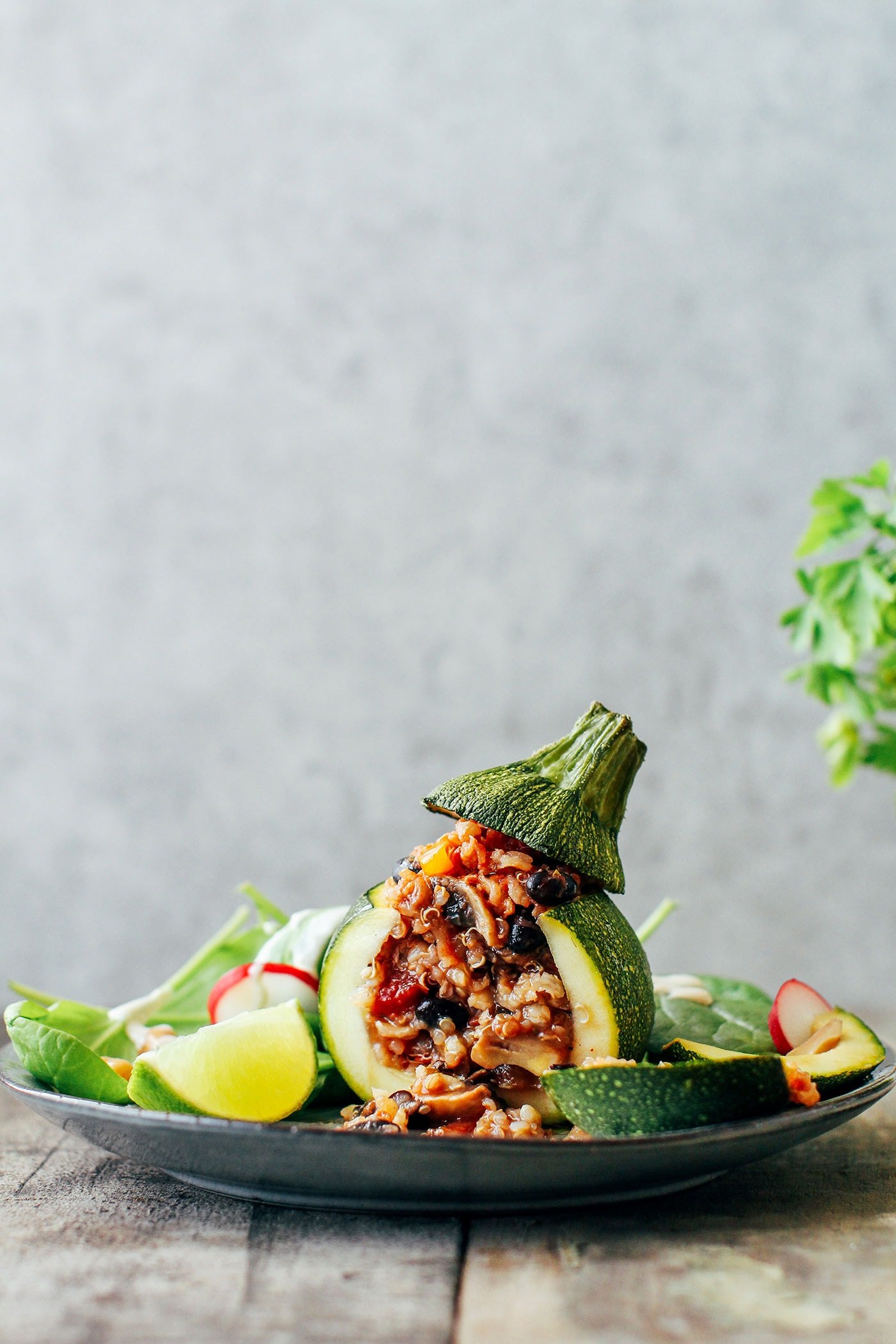 Three-Grain Enchilada Stuffed Zucchini