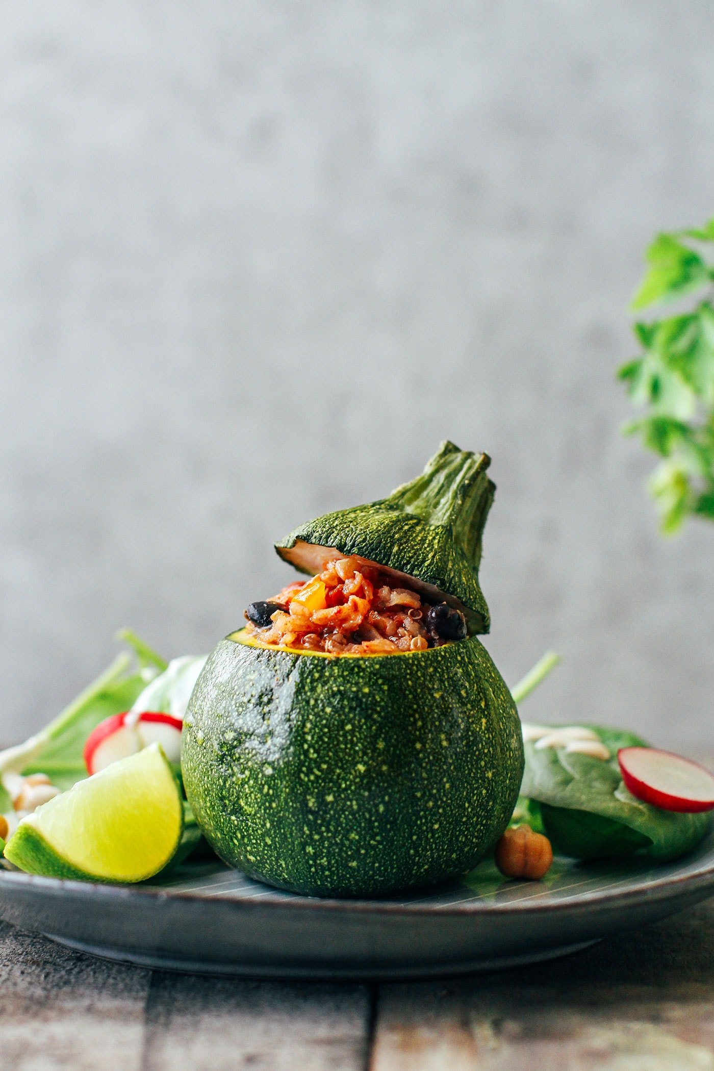 Three-Grain Enchilada Stuffed Zucchini