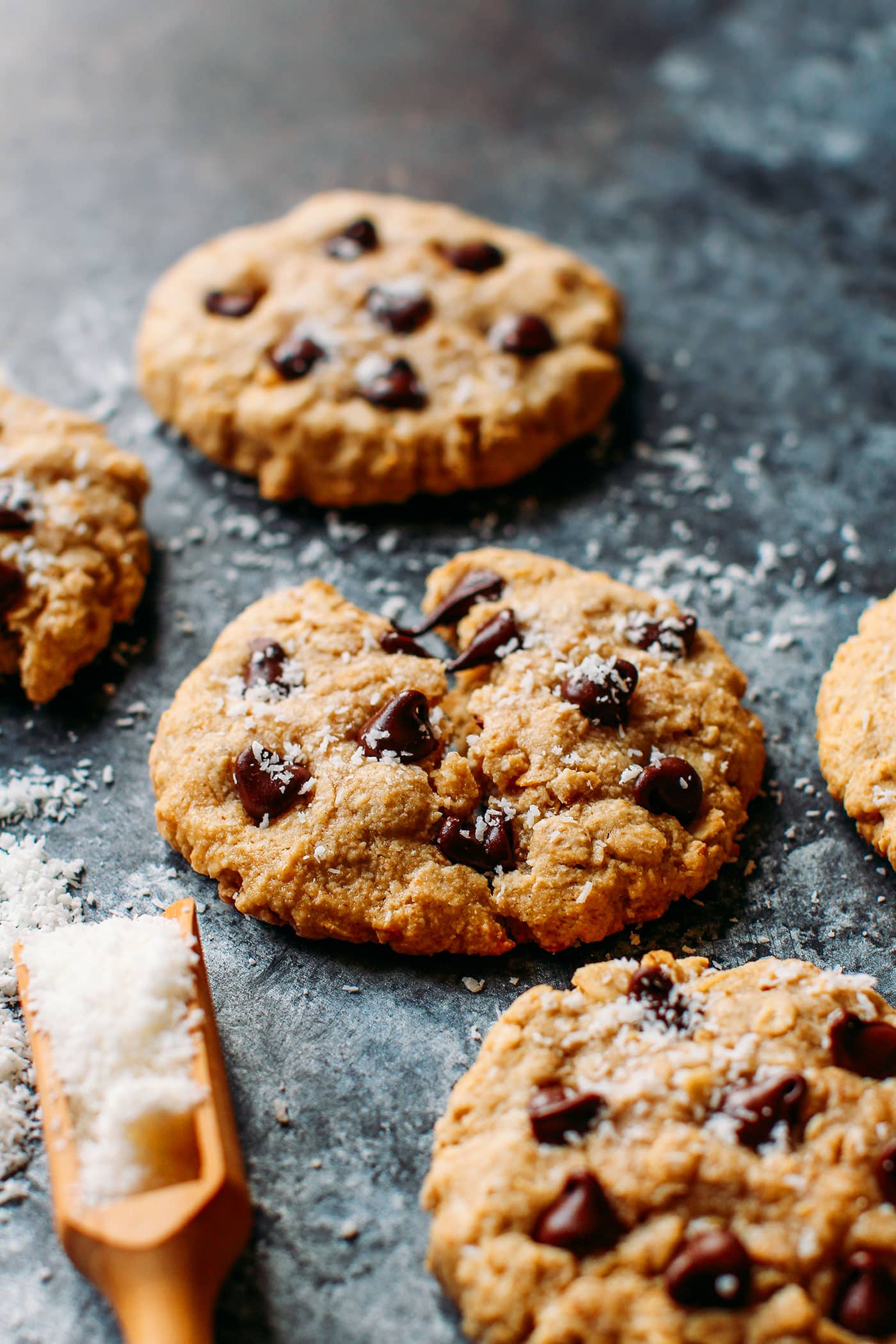 Close-up of vegan cookies with coconut and chocolate chips.