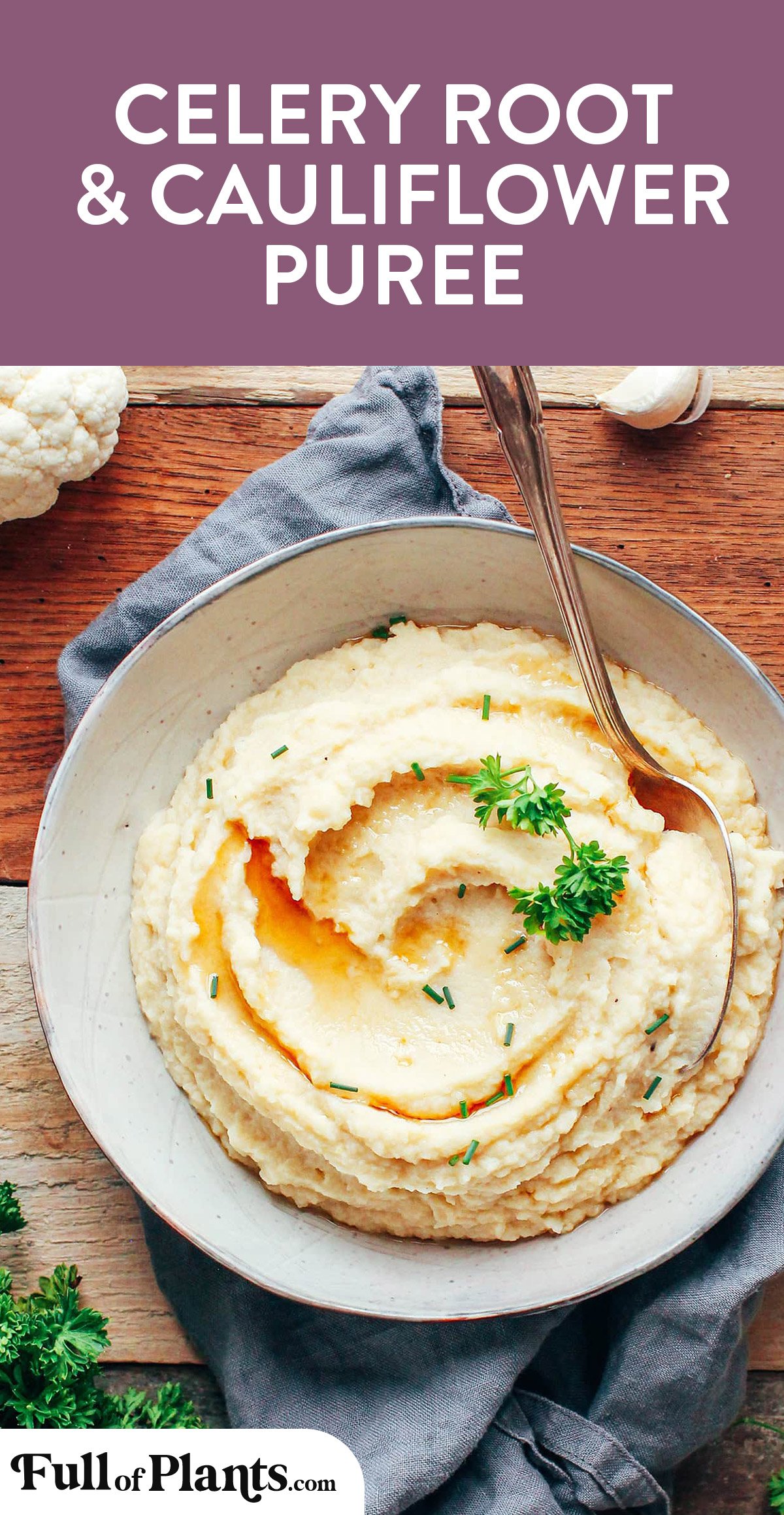 This celery root & cauliflower purée is comfort food at its best! Buttery, earthy, and super creamy. This restaurant-style purée has a hint of sweetness and grassy notes coming from the celery root, making it a delicious alternative to regular mashed potatoes! #celery #sidedish