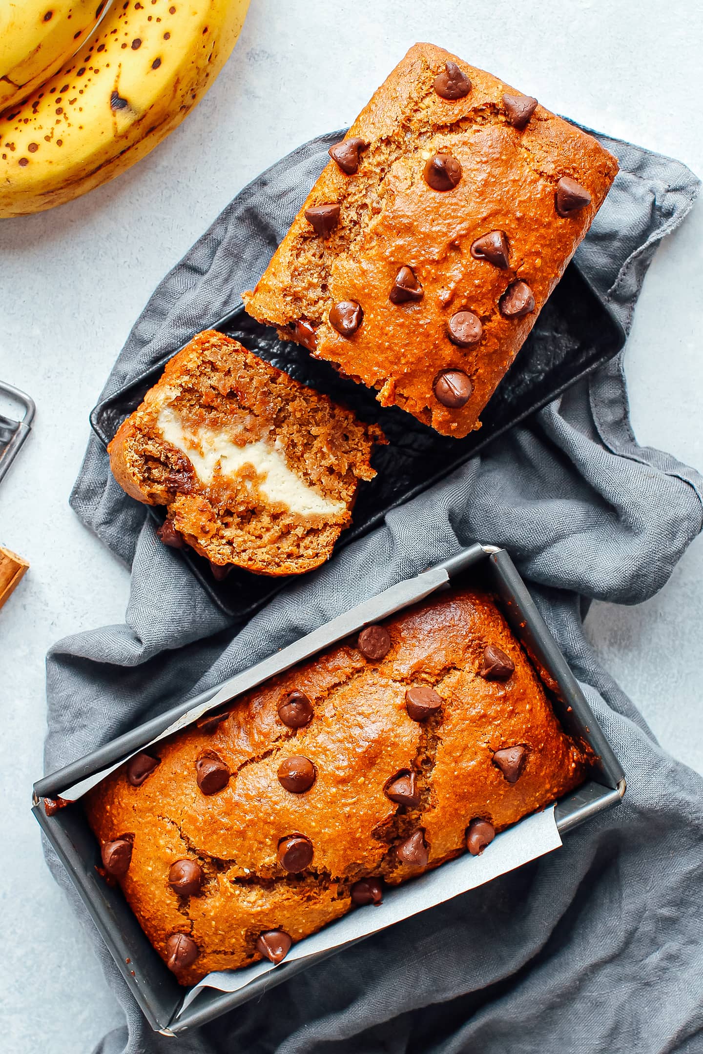 Mini banana bread with cream cheese and chocolate chips.