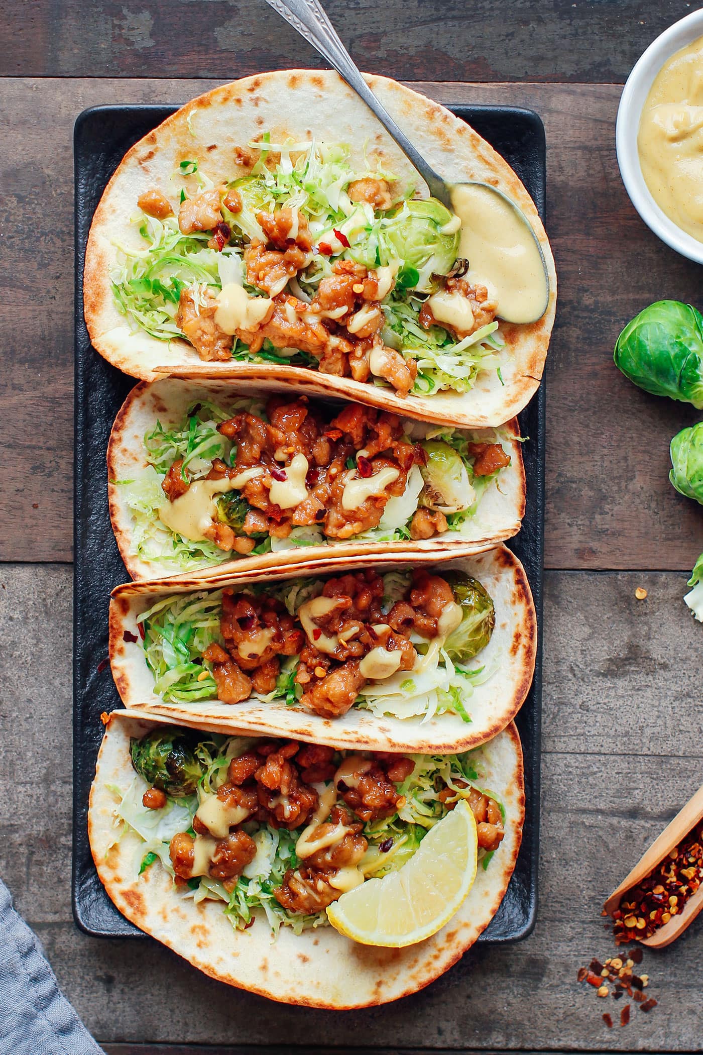 Roasted Brussel Sprouts & Tempeh Scramble Tacos