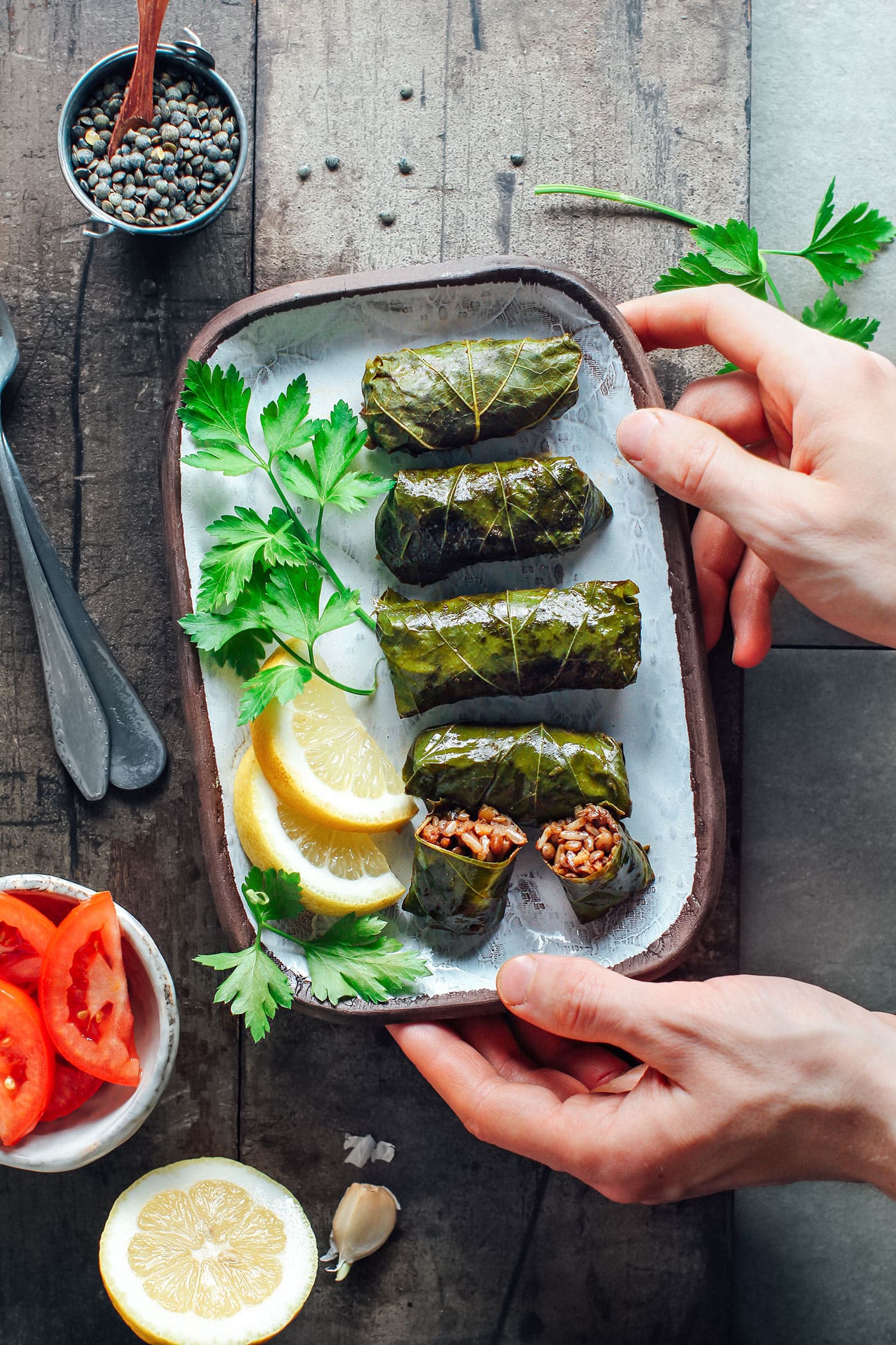 Spicy Vegan Stuffed Grape Leaves