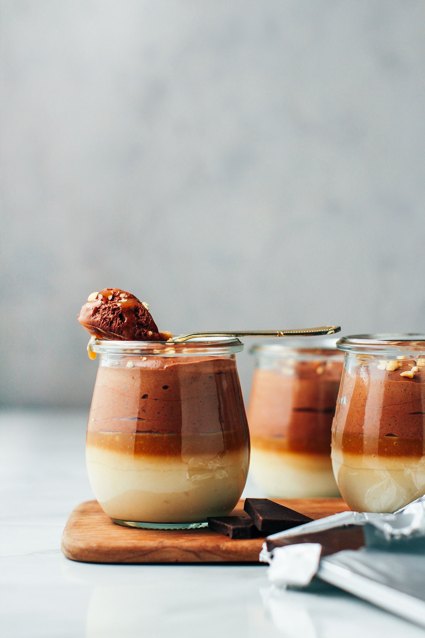 Vanilla Custard, Chocolate Mousse & Caramel Parfaits