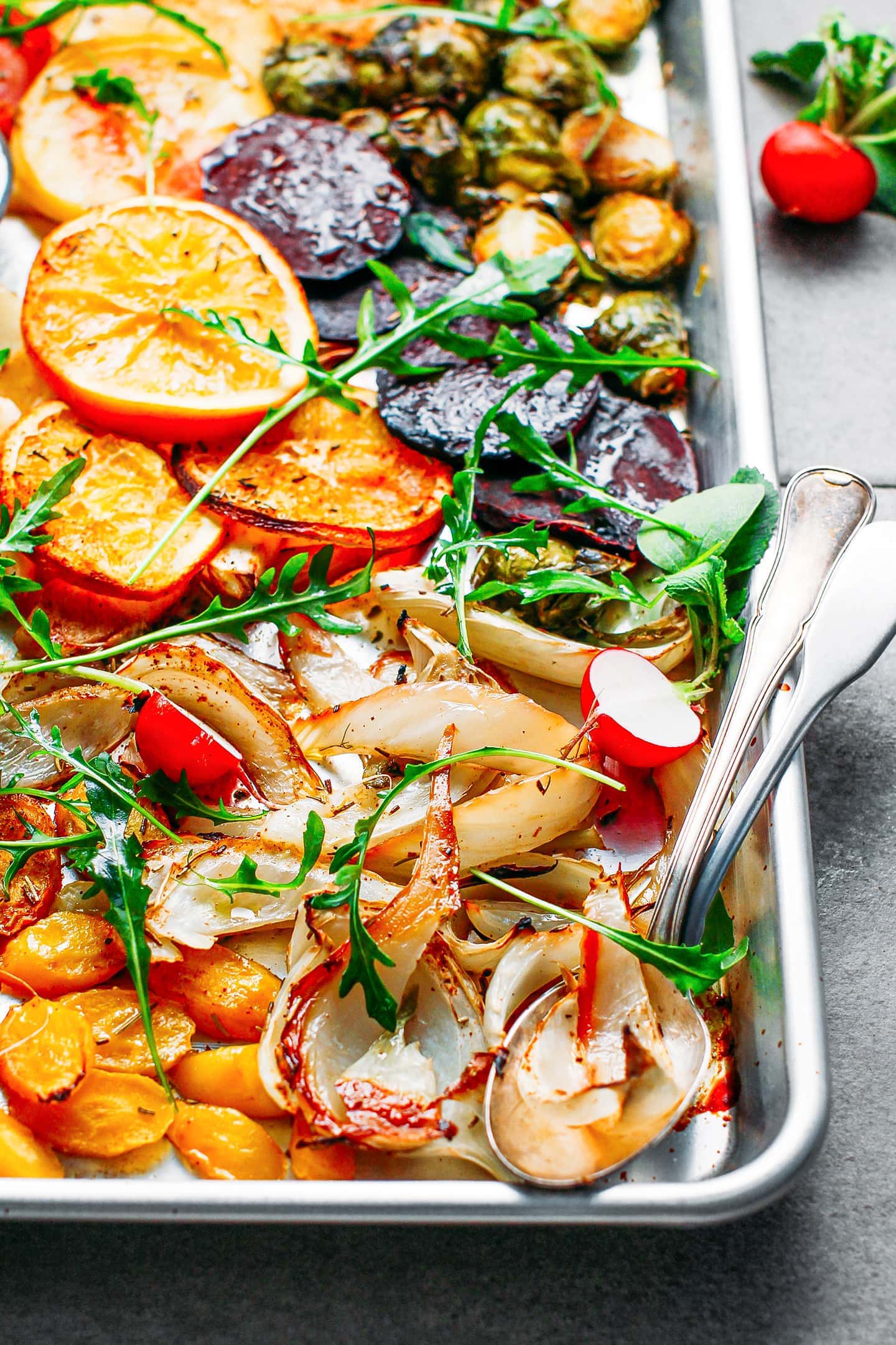 Close up of roasted winter vegetables.