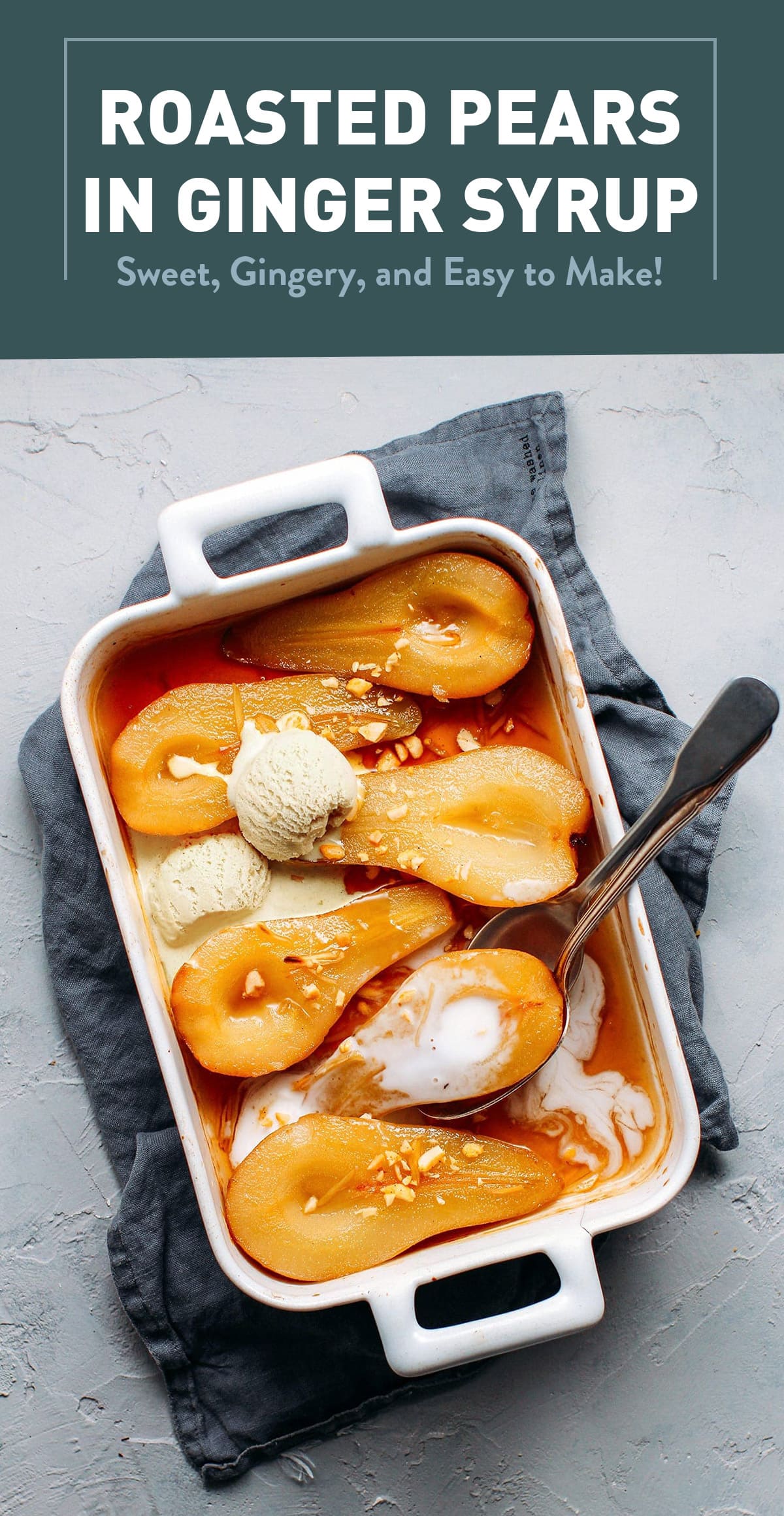 Pears roasted in a maple ginger syrup and served with a dollop of coconut cream. It's sweet, gingery, and super easy to make!