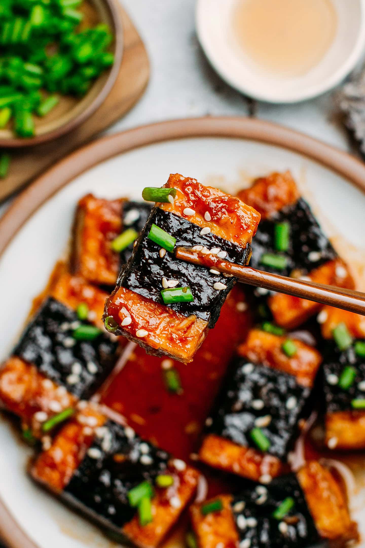 Close-up of tofu wrapped with seaweed.