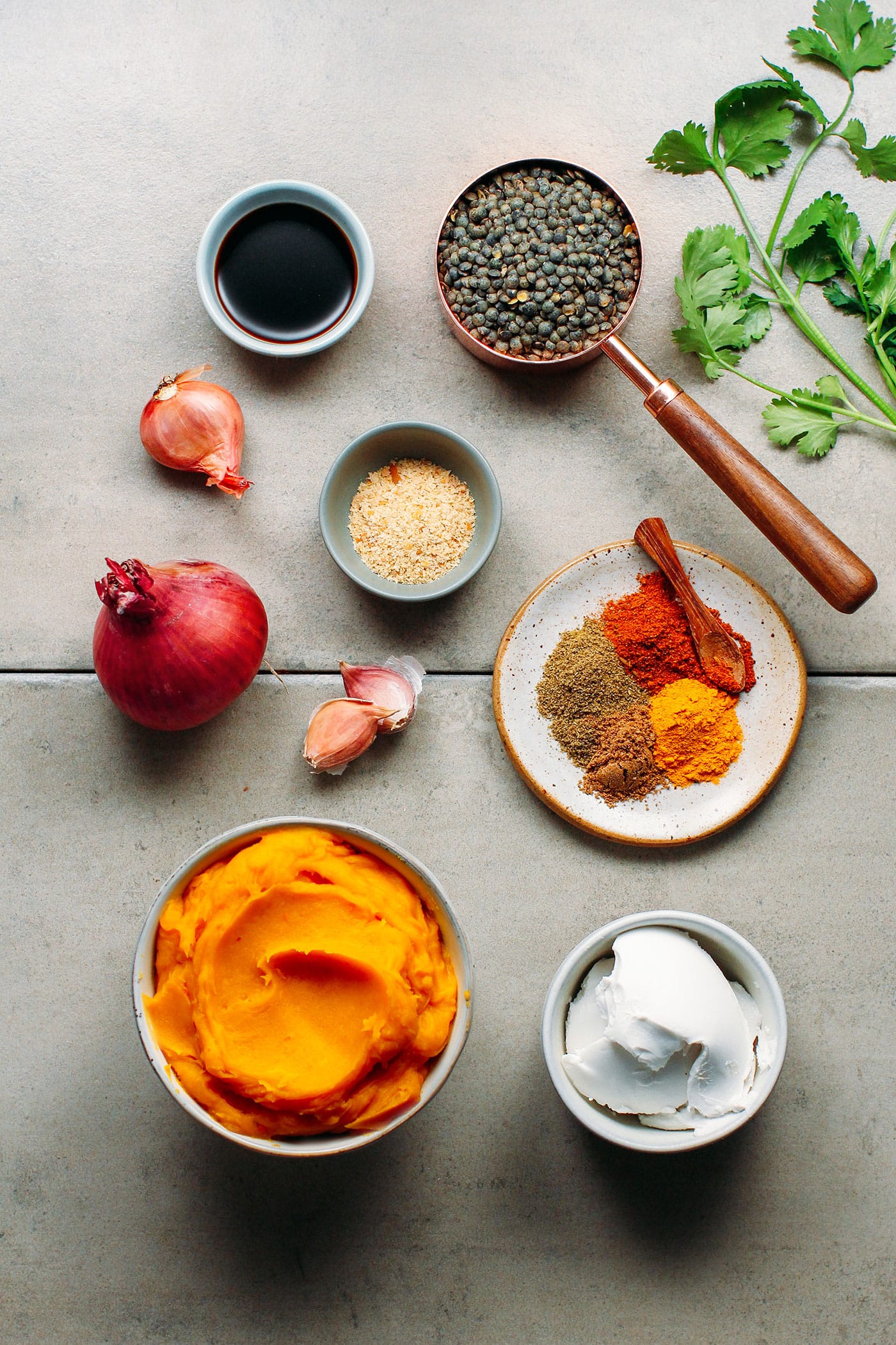 Curried Mashed Pumpkin with Spicy Green Lentils