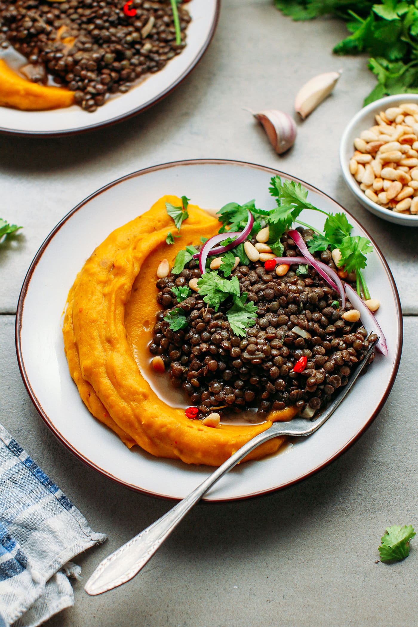 Curried Mashed Pumpkin with Spicy Green Lentils