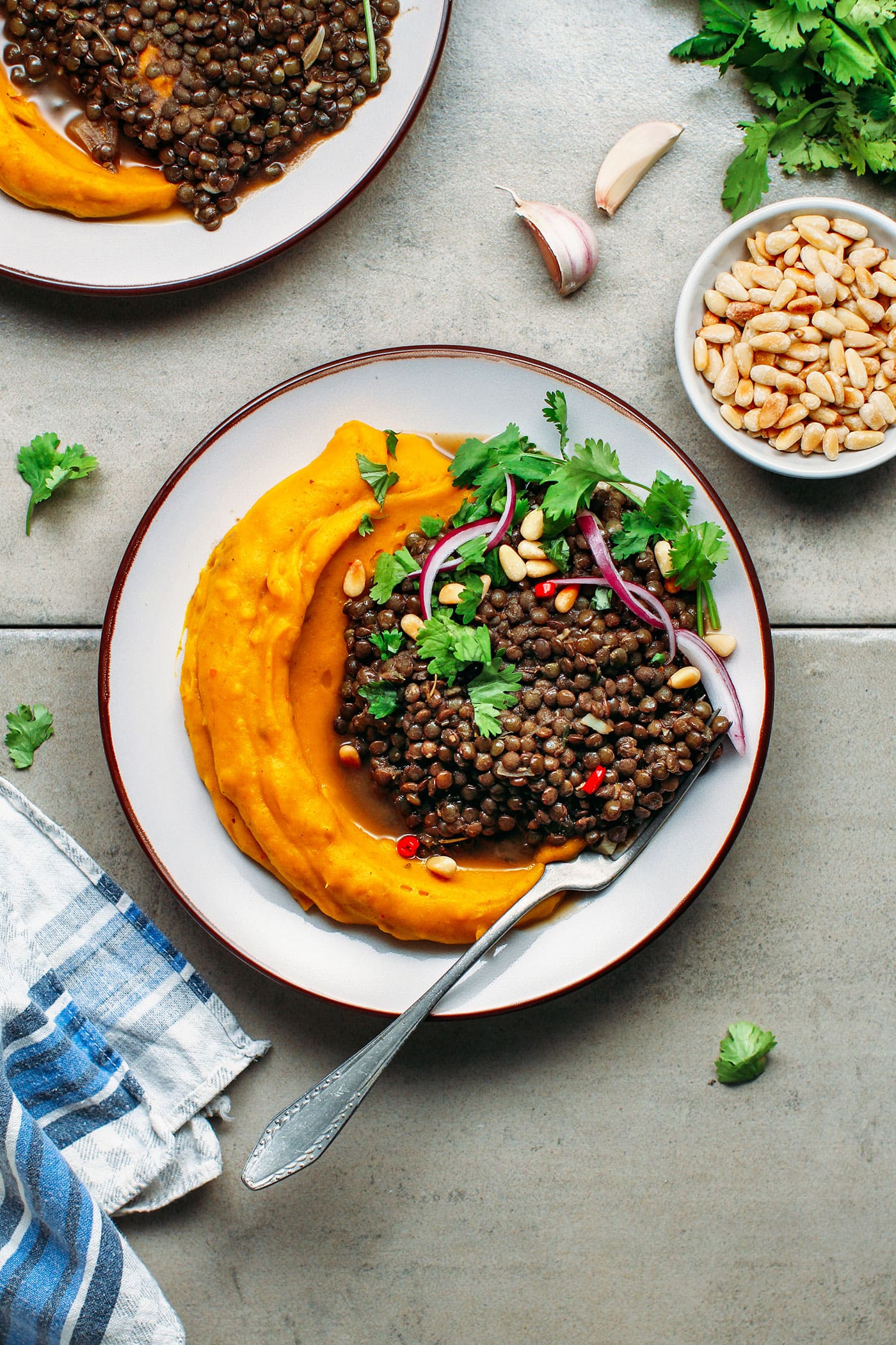 Curried Mashed Pumpkin with Spicy Green Lentils