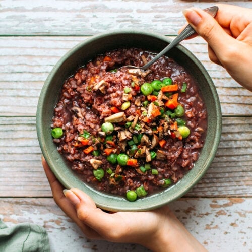 Cozy Red Rice Soup with Mushrooms