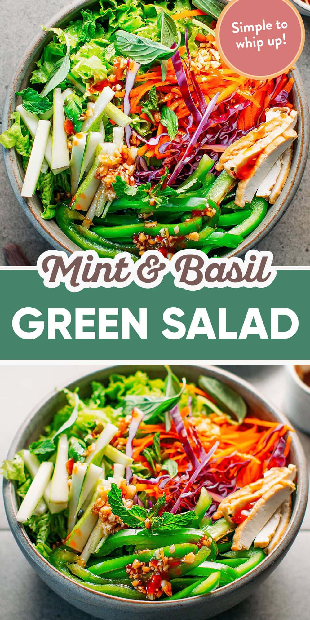 This mint & basil green salad is super refreshing, easy, and healthy! It features plenty of crunchy veggies like lettuce, carrots, and red cabbage, along with a handful of fresh herbs. It is then completed with a garlicky and gingery toasted sesame oil dressing!