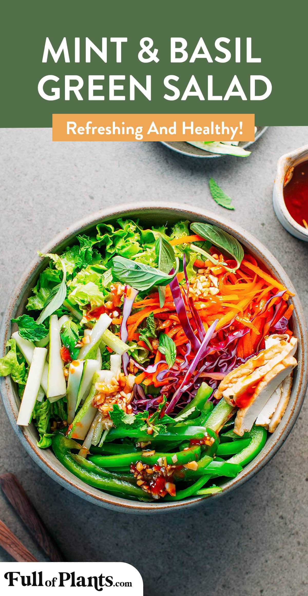 This mint & basil green salad is super refreshing, easy, and healthy! It features plenty of crunchy veggies like lettuce, carrots, and red cabbage, along with a handful of fresh herbs. It is then completed with a garlicky and gingery toasted sesame oil dressing! #salad #vegan