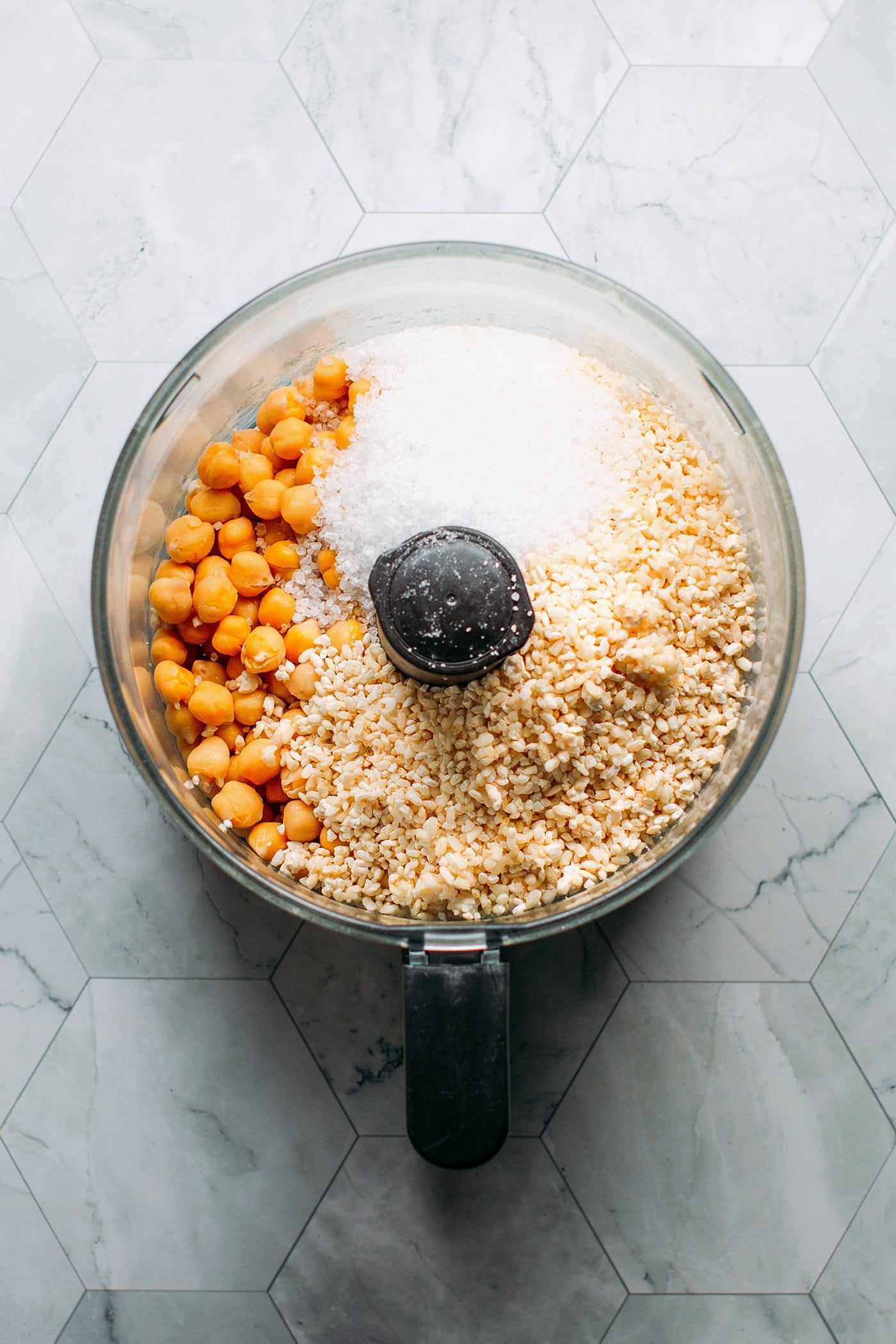 Chickpeas, salt, and koji in a food processor.