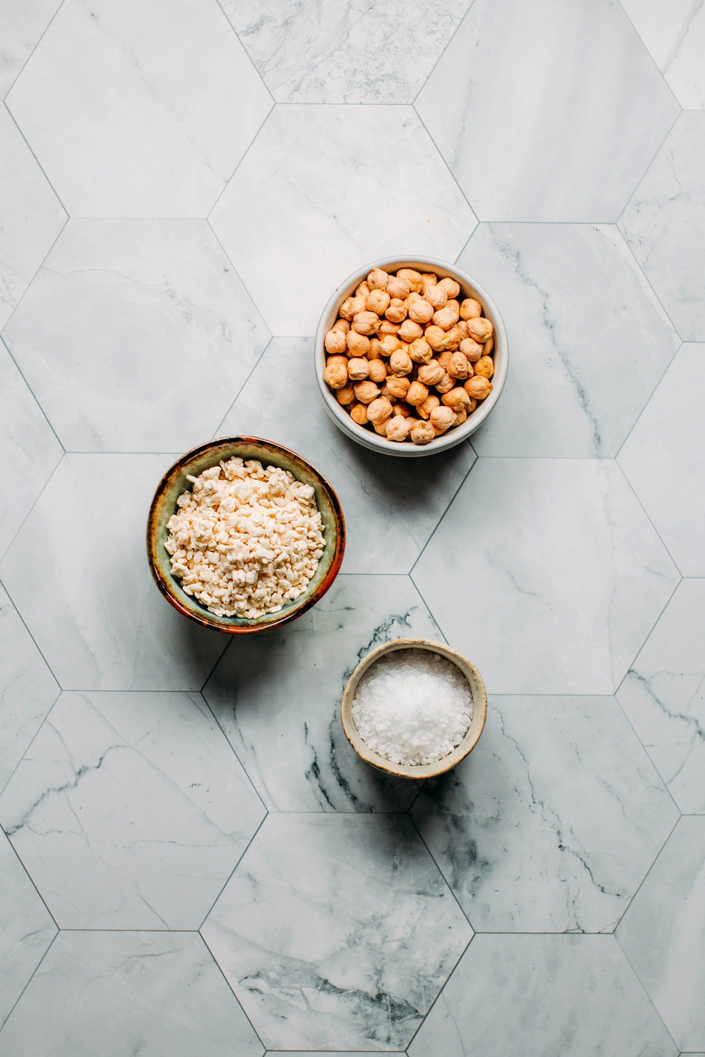 Ingredients to make miso, chickpeas, salt, and koji.