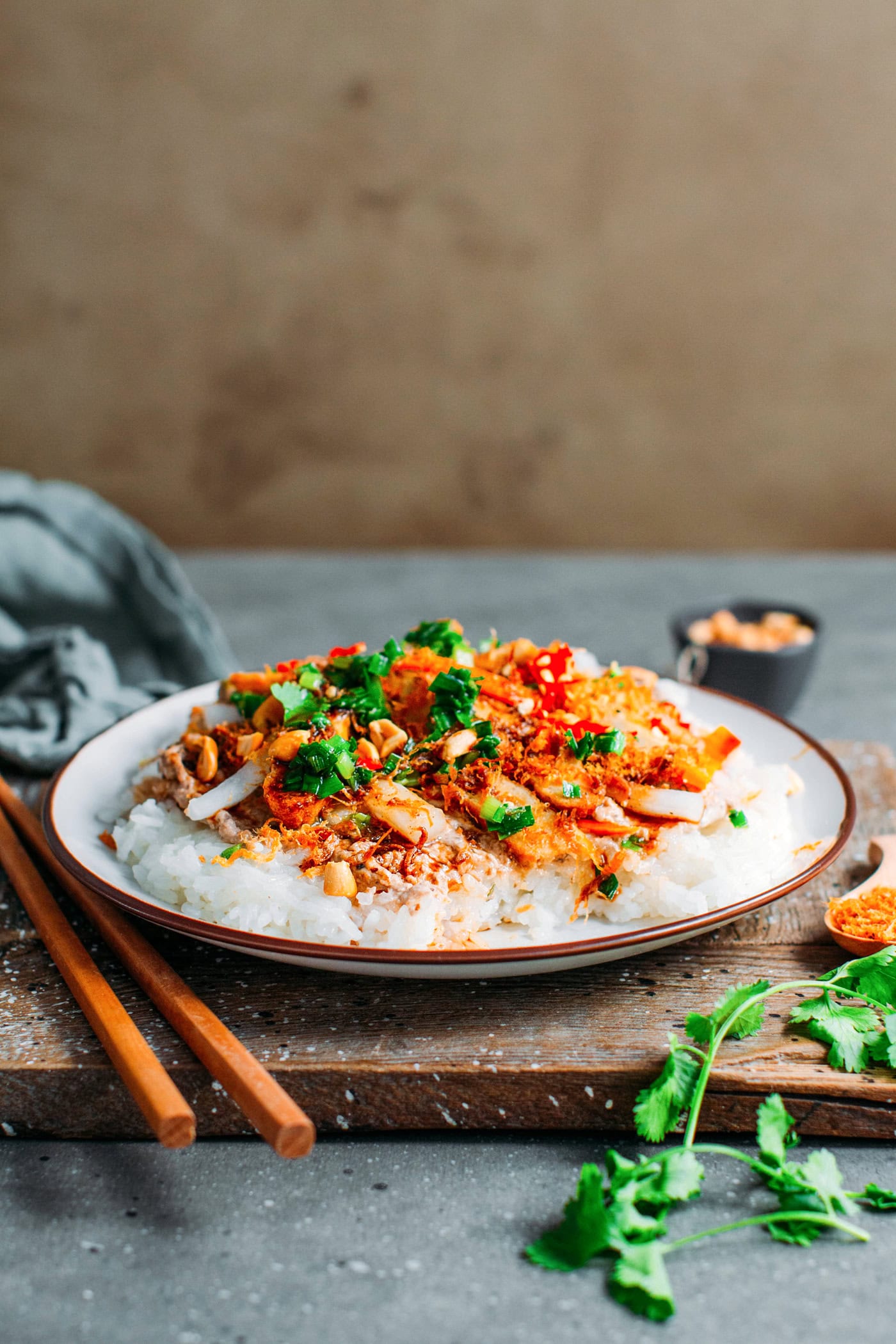 Sticky rice topped with different toppings.