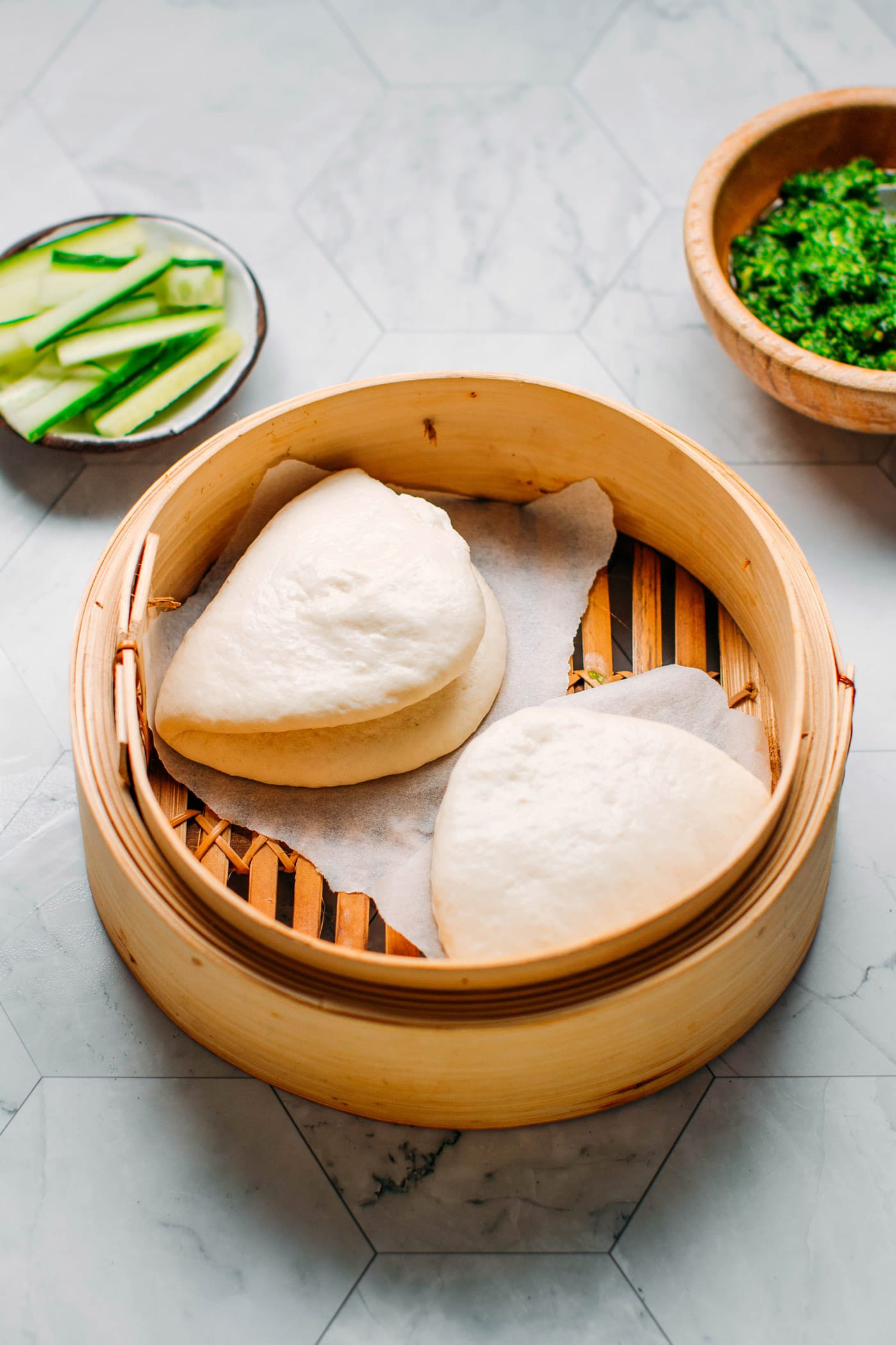 Sate Tofu Bao with Kale Pesto