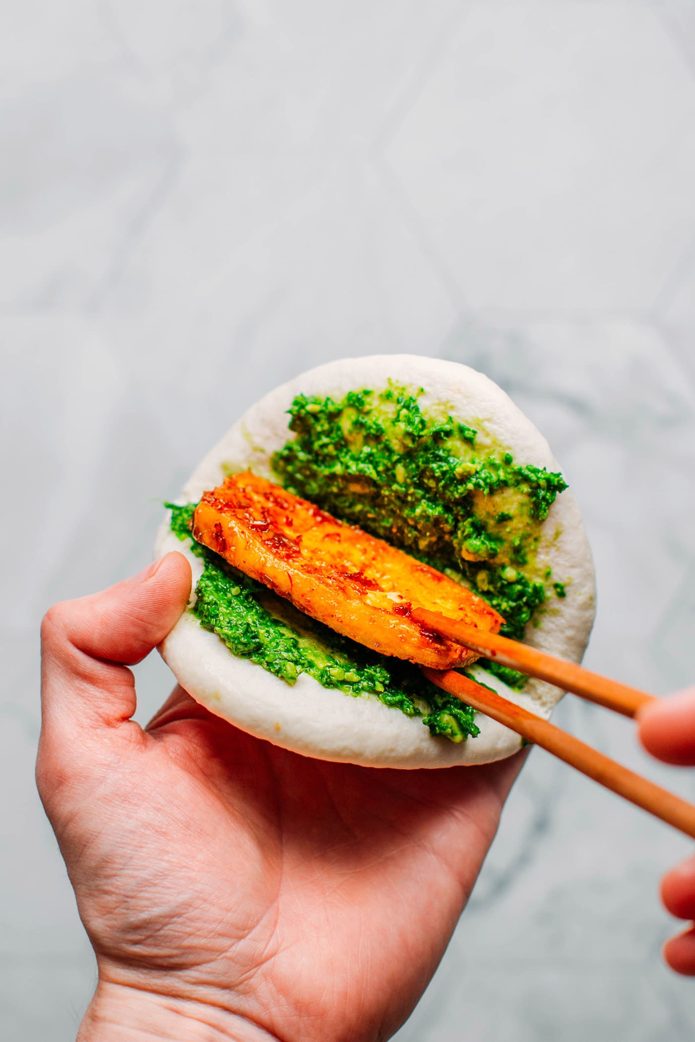 Sate Tofu Bao with Kale Pesto