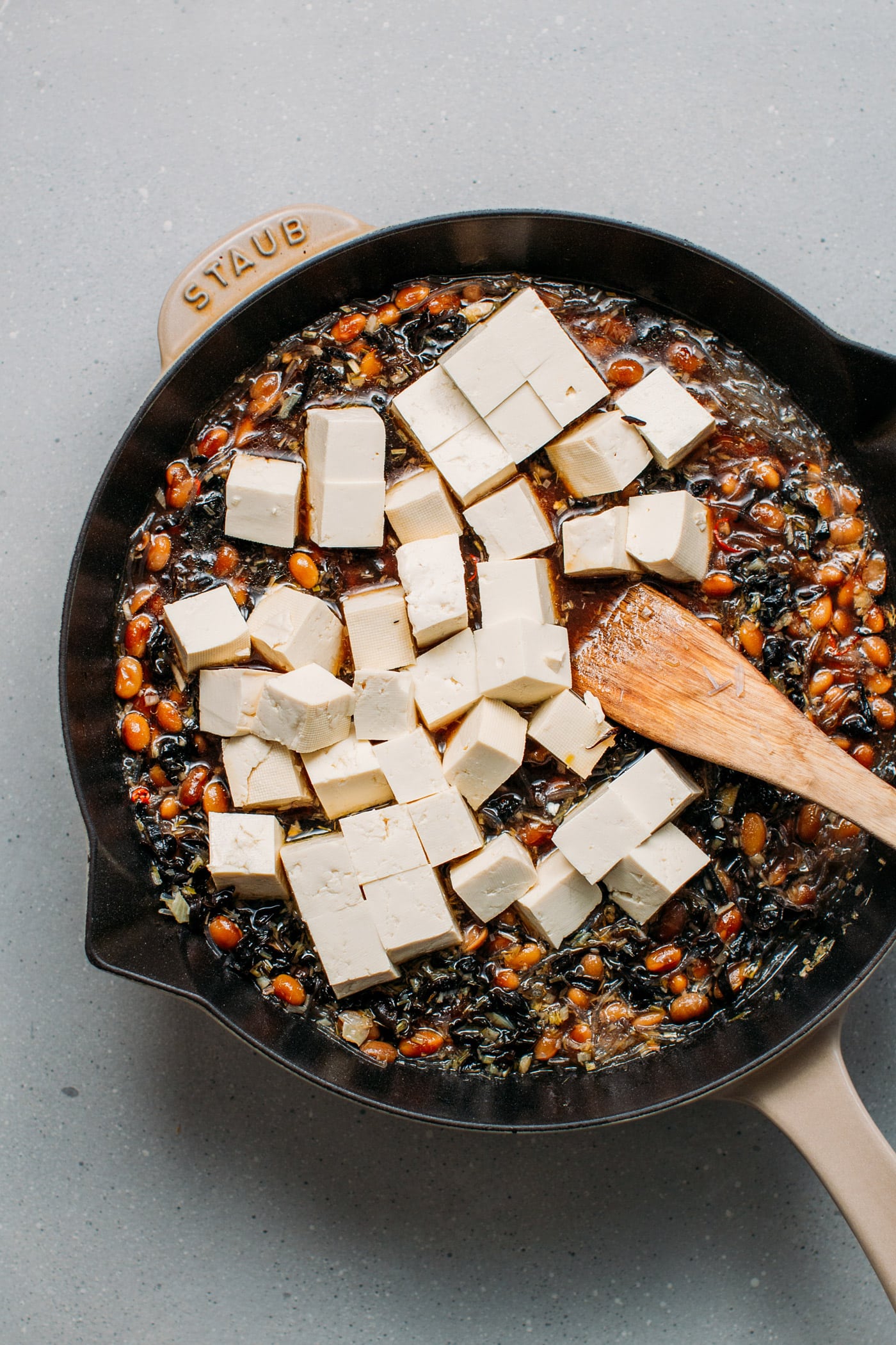 White tofu stewed in a umami soybean sauce.