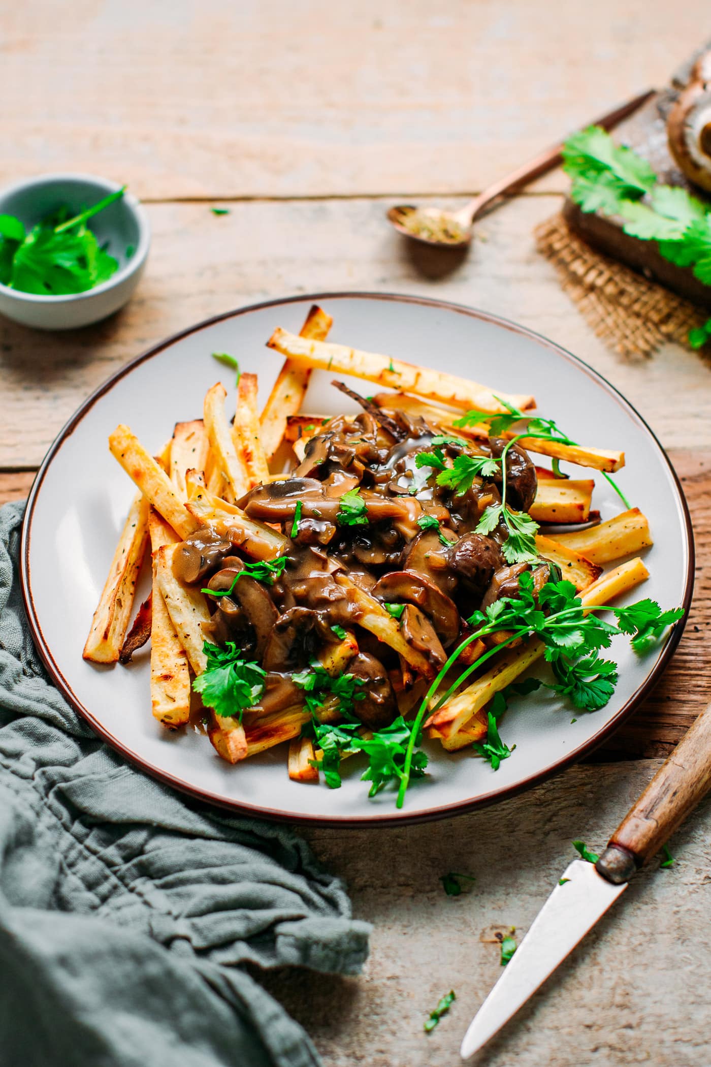 Baked Parsnip Fries with Mushroom Gravy