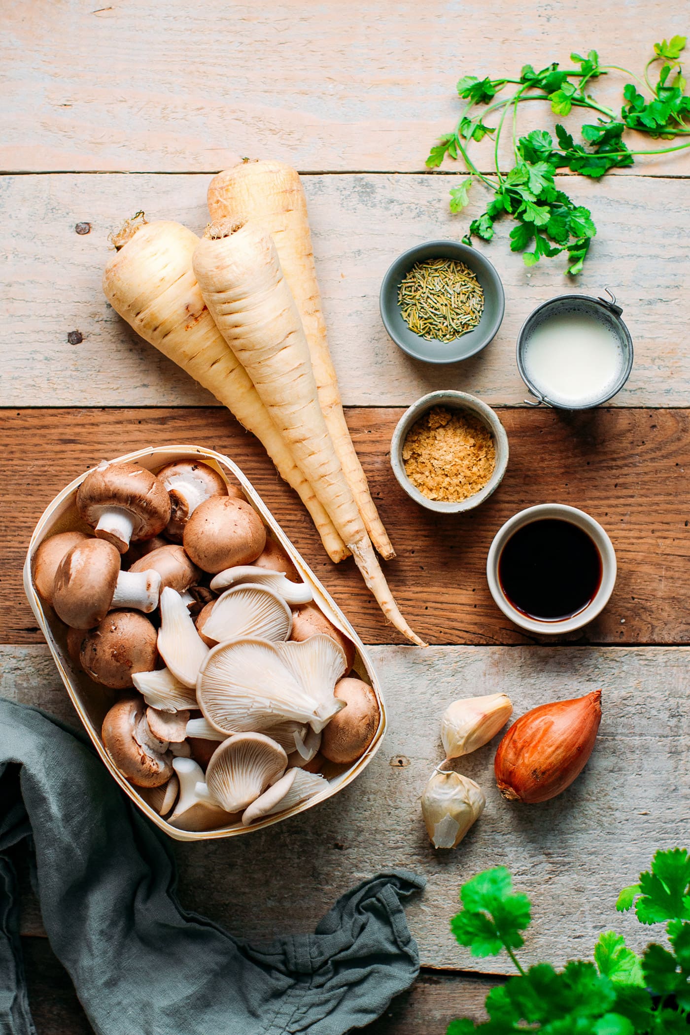 Parsnips, mushrooms, garlic, shallots, and herbs.