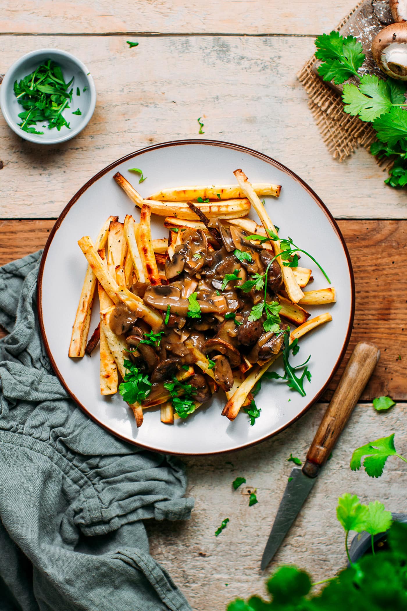 Baked Parsnip Fries with Mushroom Gravy