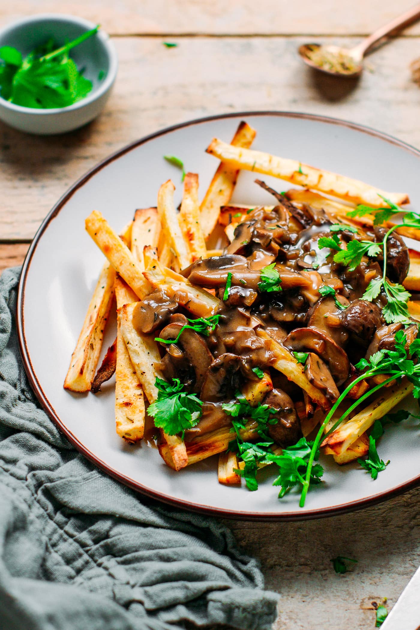 Baked Parsnip Fries with Mushroom Gravy