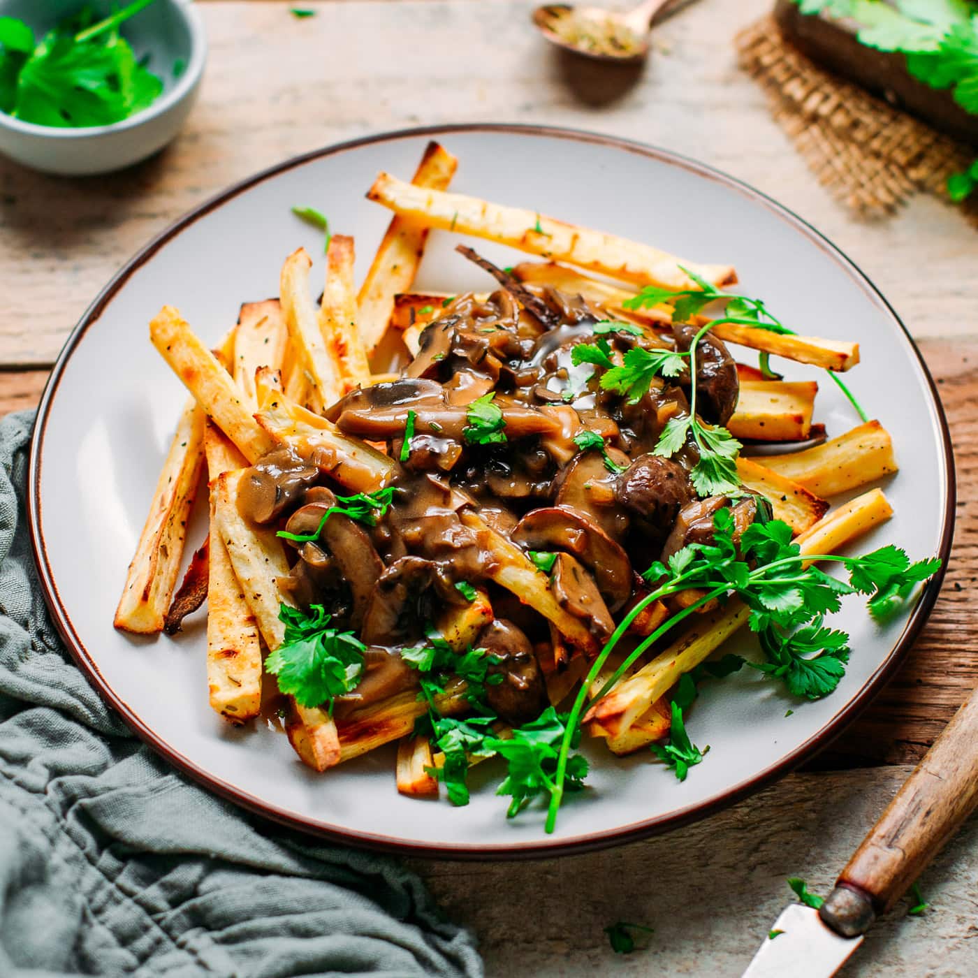 Baked Parsnip Fries with Mushroom Gravy