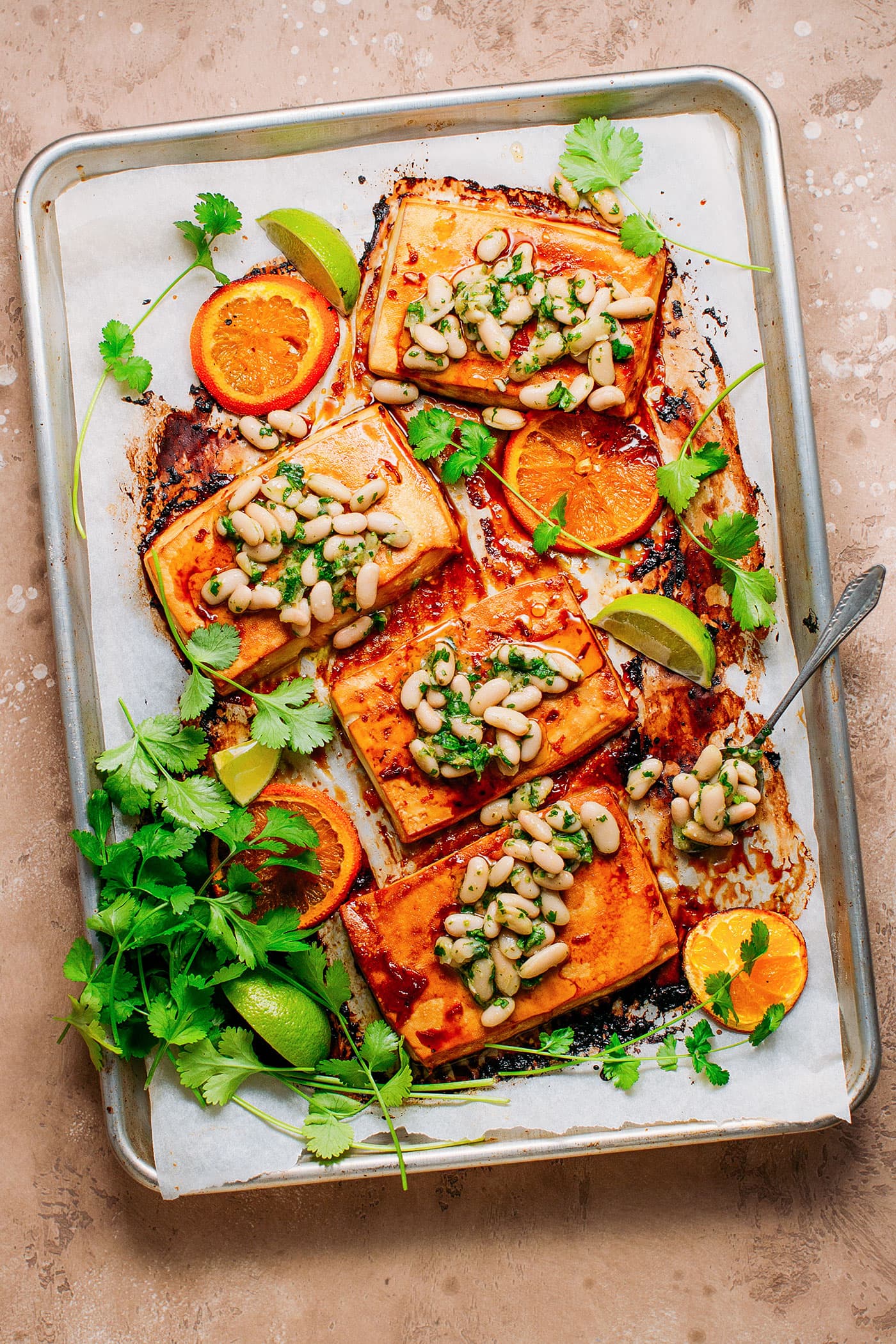 Sheet Pan Glazed Orange Tofu with Herby White Beans