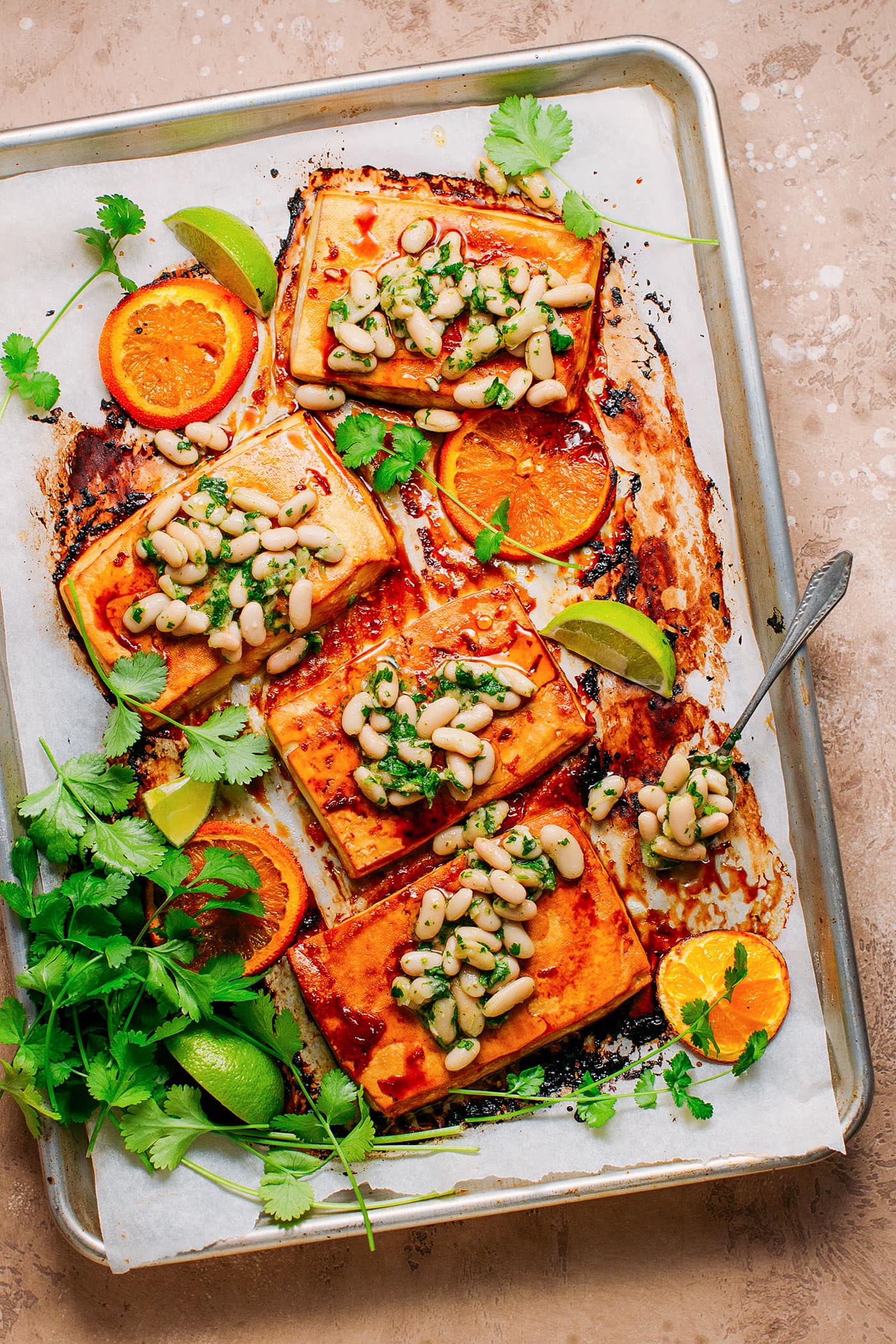 Sheet Pan Glazed Orange Tofu with Herby White Beans